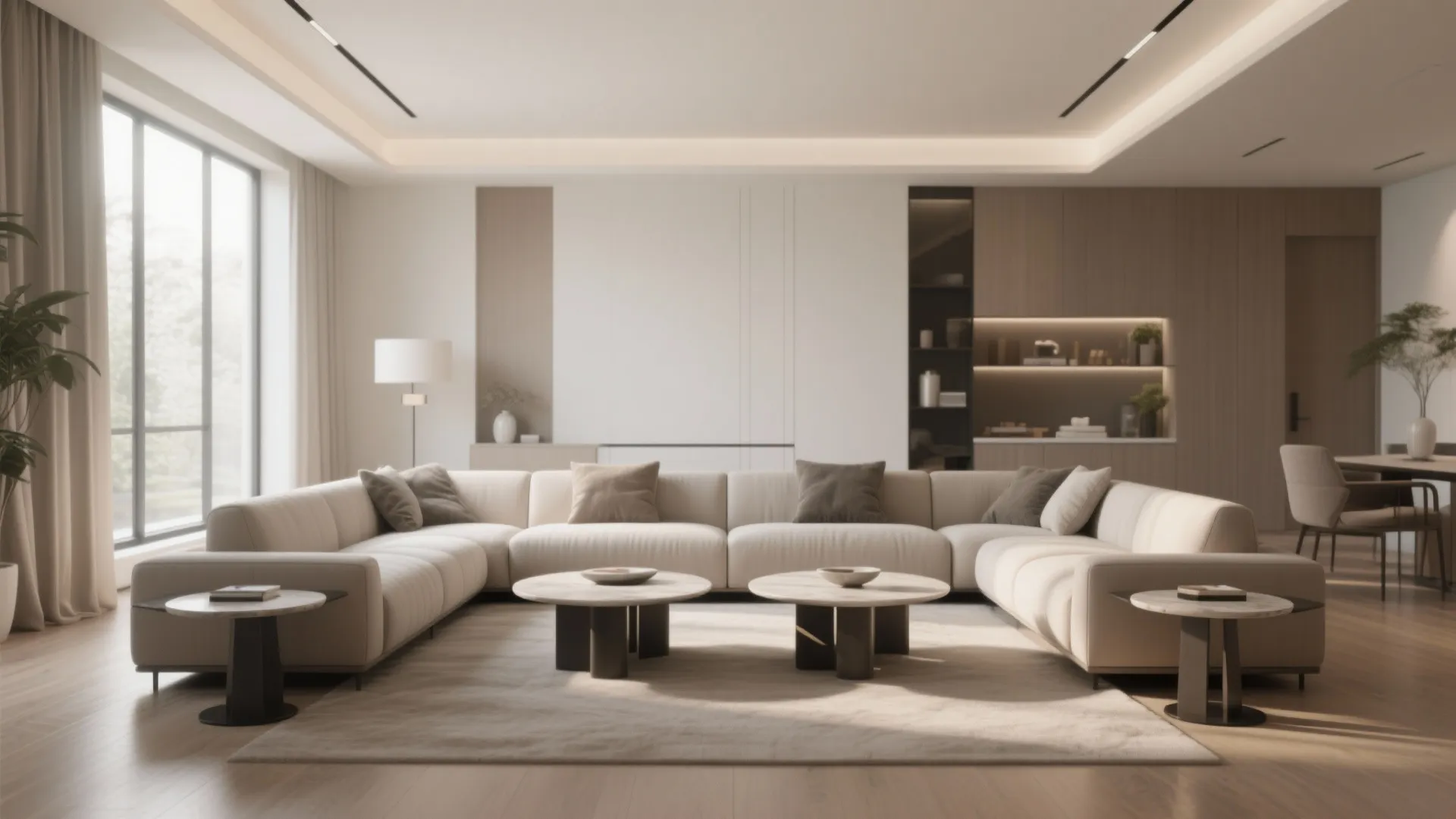 Large u-shaped beige sofa with two round coffee tables in a clean modern living room