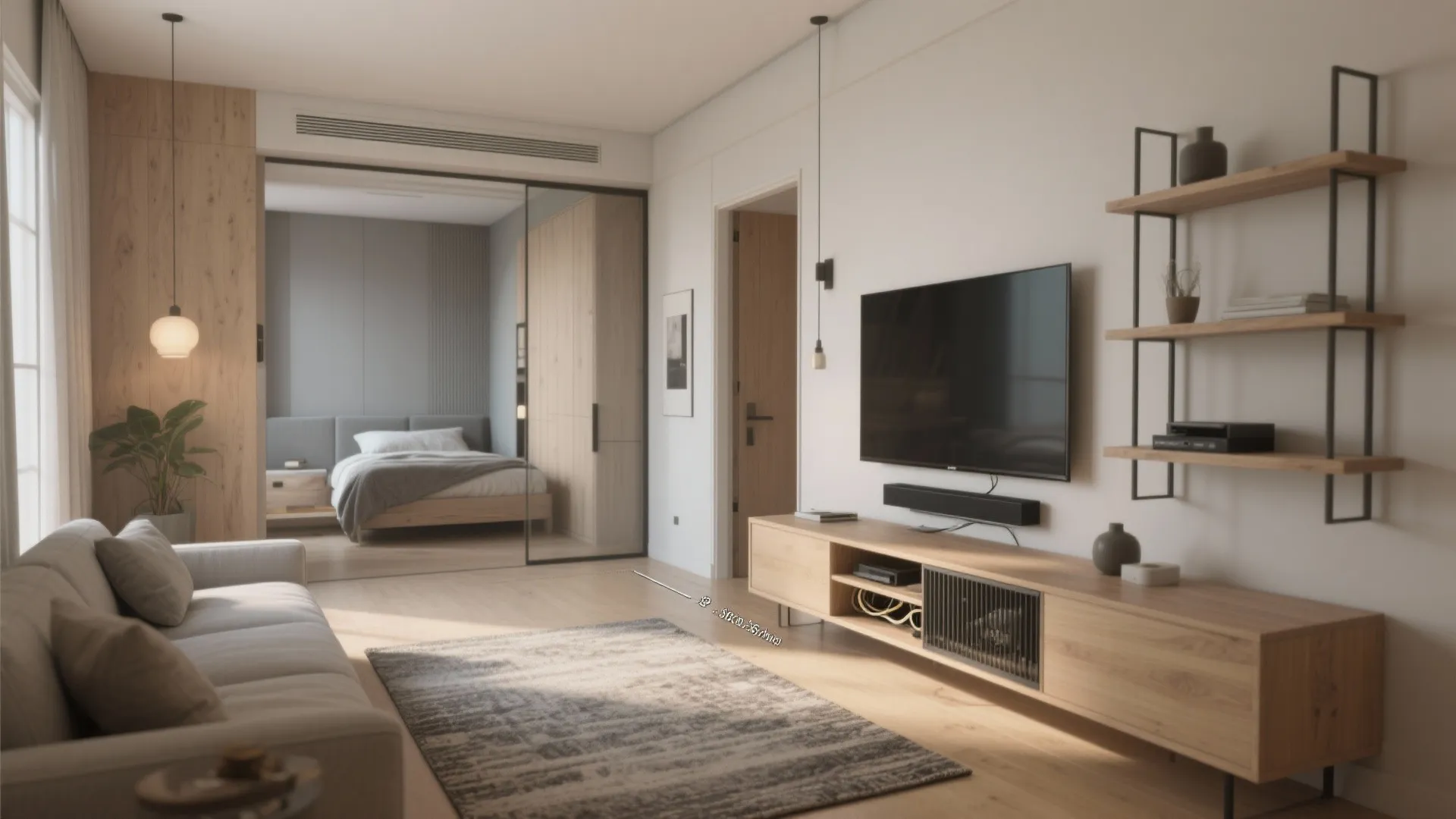 Modern living room featuring a grey sofa wooden cabinet wall shelves and a cozy bedroom