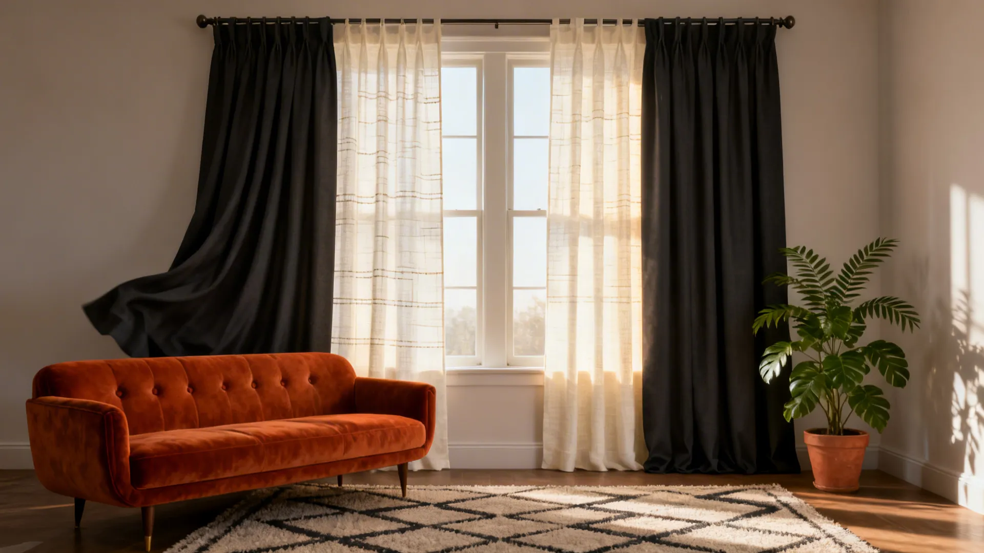 Living room with orange sofa and black curtains over white sheer curtains on large window