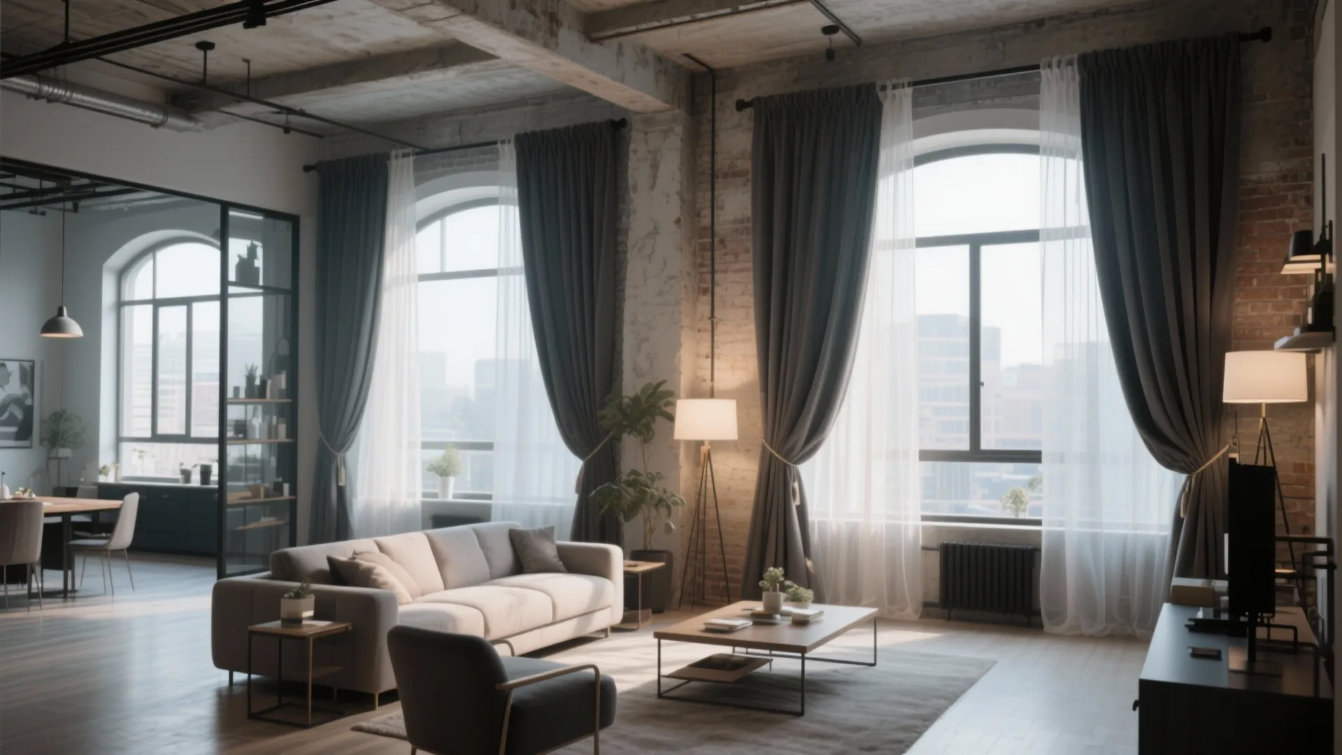 Loft living room with layered double curtain rods