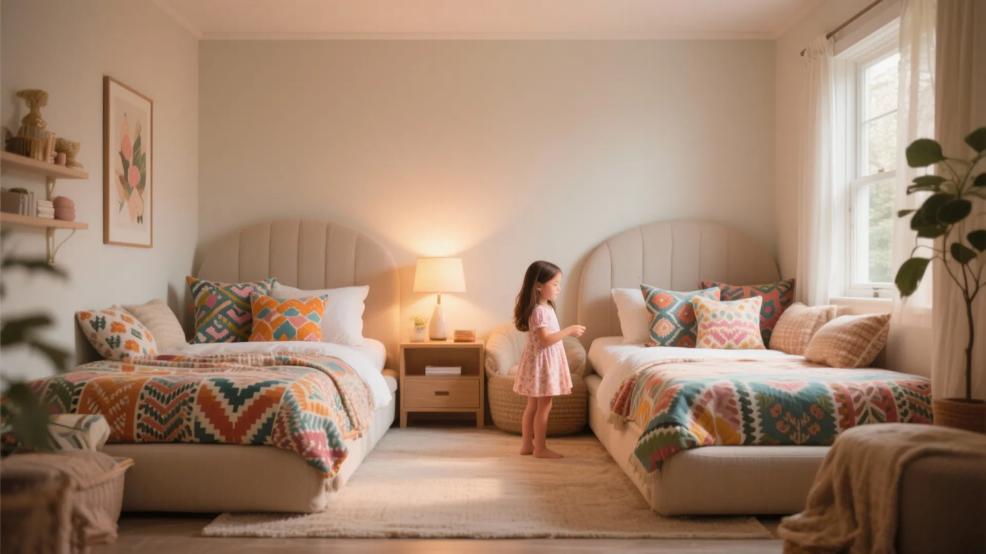 Warm cozy bedroom with two beige beds colorful patterned blankets small nightstand and bedside lamp
