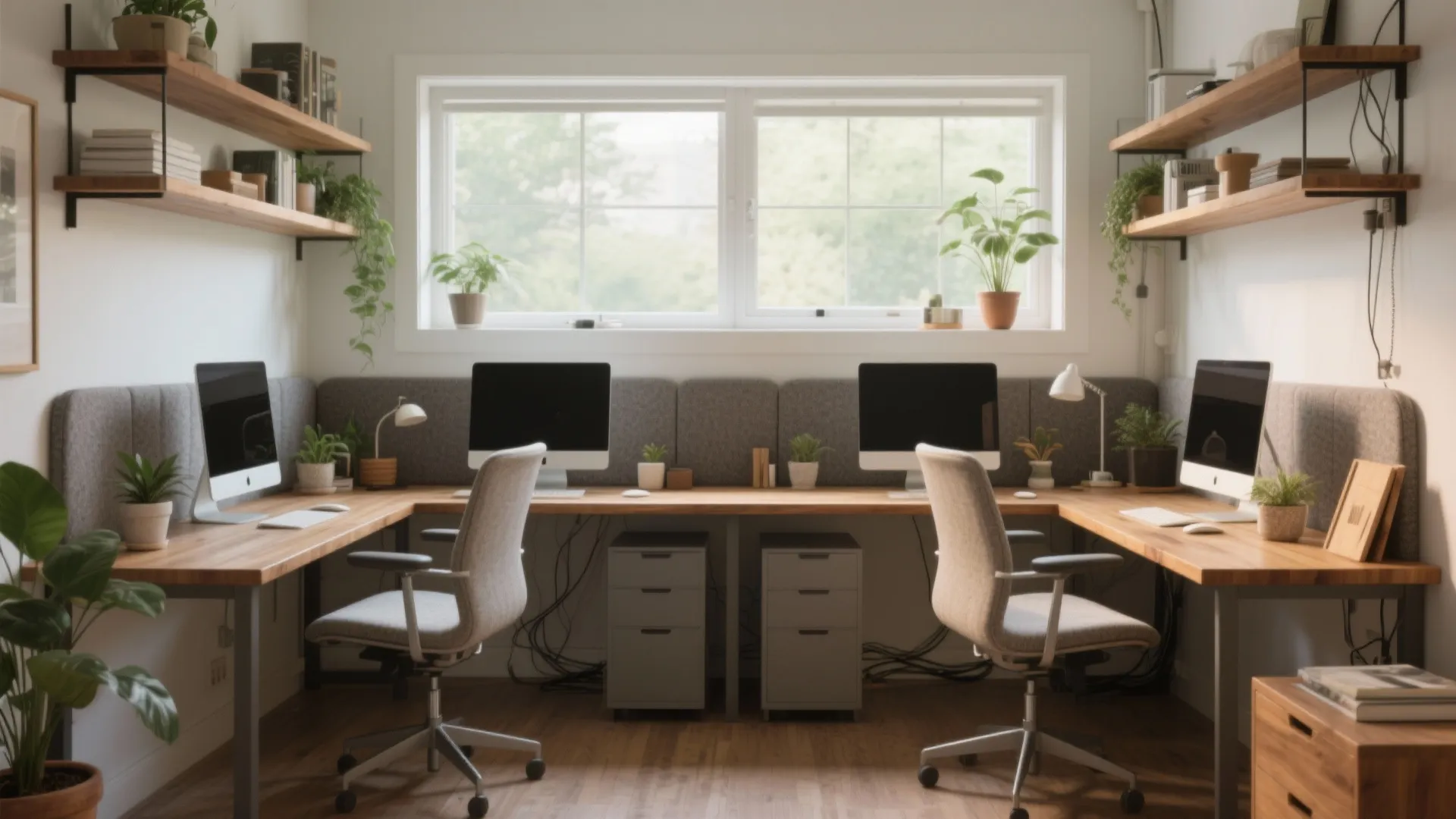 Double home office desk with two computers chairs plants wall shelves window and natural light