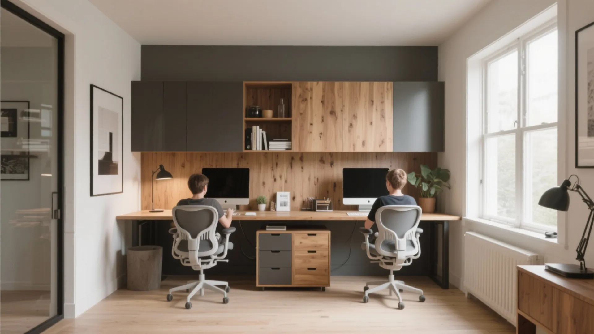 Minimalist double desk office setup with two people working at computers and wooden wall panels