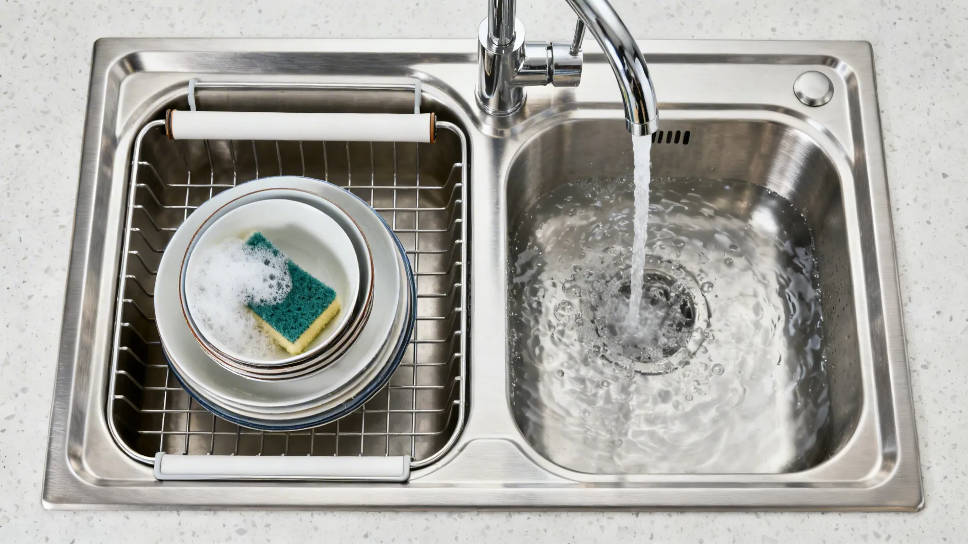 Top-down view of a double-bowl stainless sink with a low divider showing rinse and wash zones.