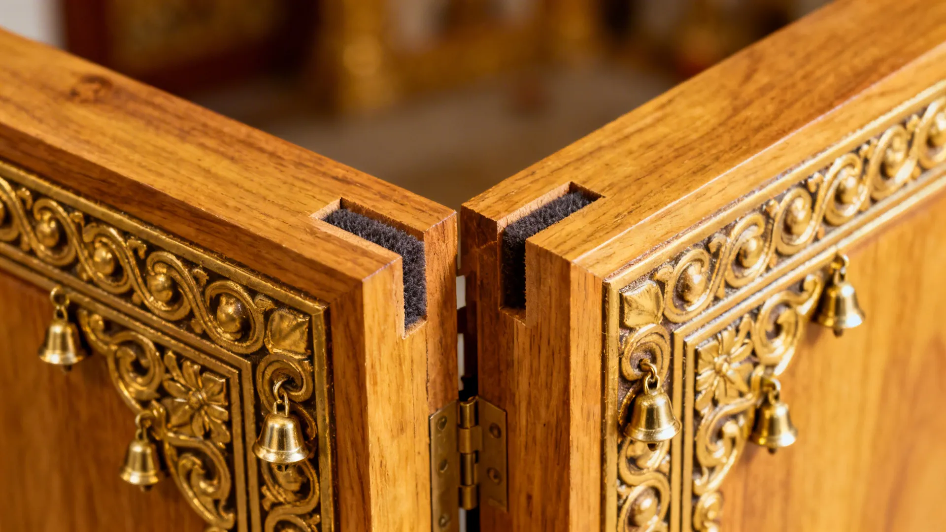 Close-up of brass-inlaid meeting stile with small bell and felt buffer on pooja doors
