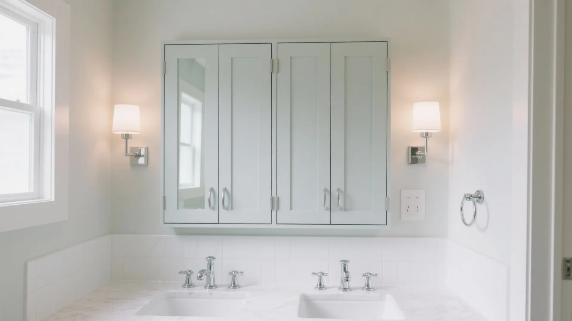 Bright bathroom with light blue cabinet two sinks two wall lights and a white window