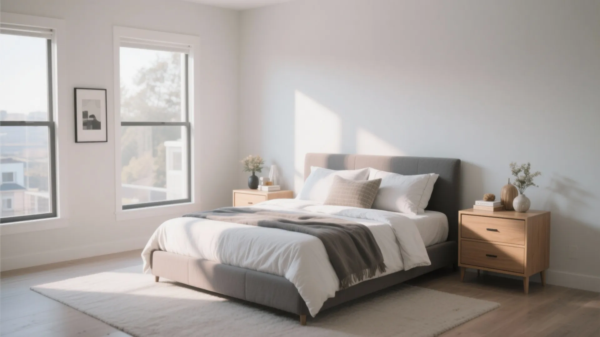Bright minimalist bedroom with grey bed frame and two wooden nightstands under large sunny windows
