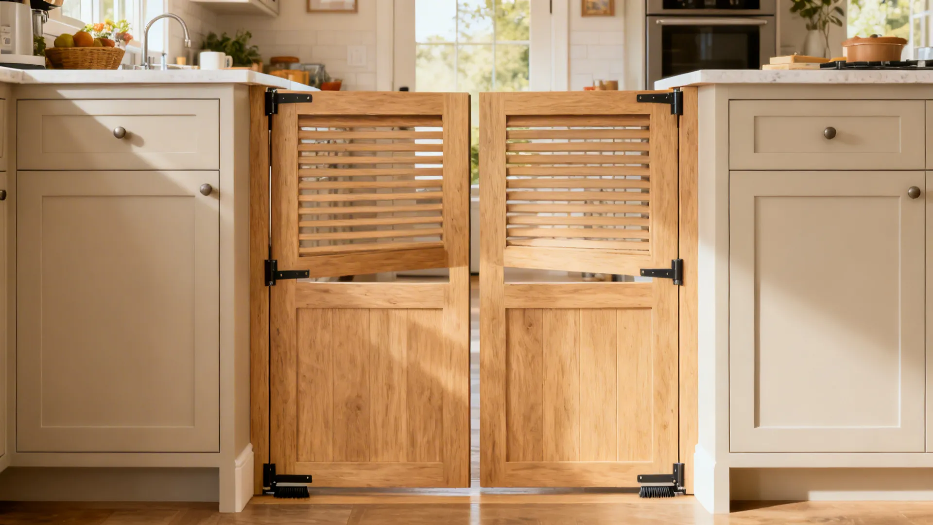 Small wooden swinging doors between white kitchen cabinets leading to a bright sunny room view