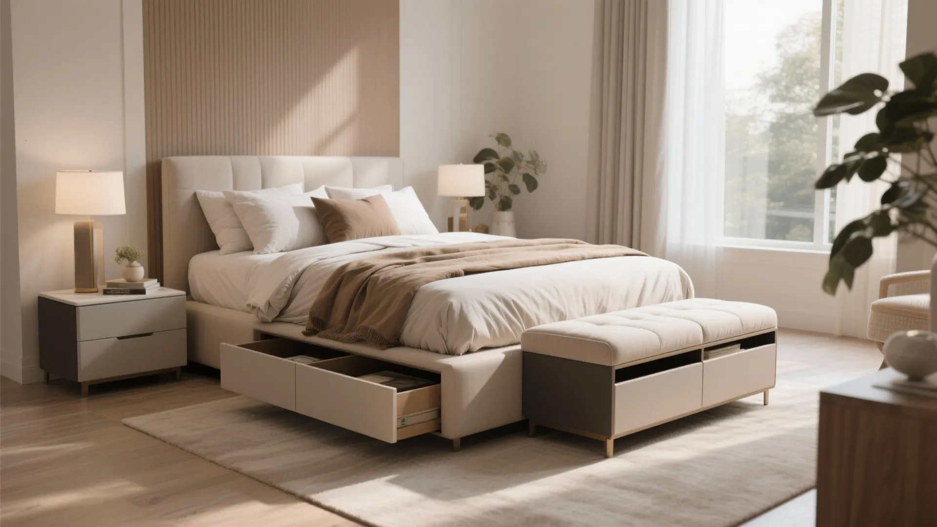 Warm beige bedroom featuring a bed with storage drawers and a matching upholstered footrest bench