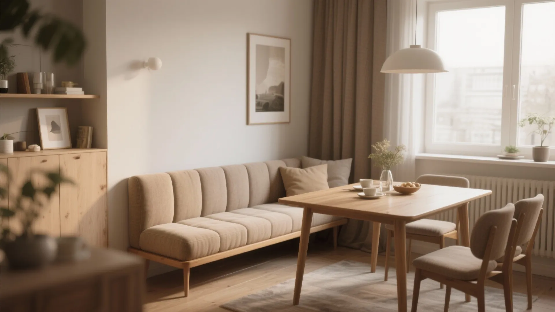Modern dining room featuring wooden table with beige sofa seating and natural light from window