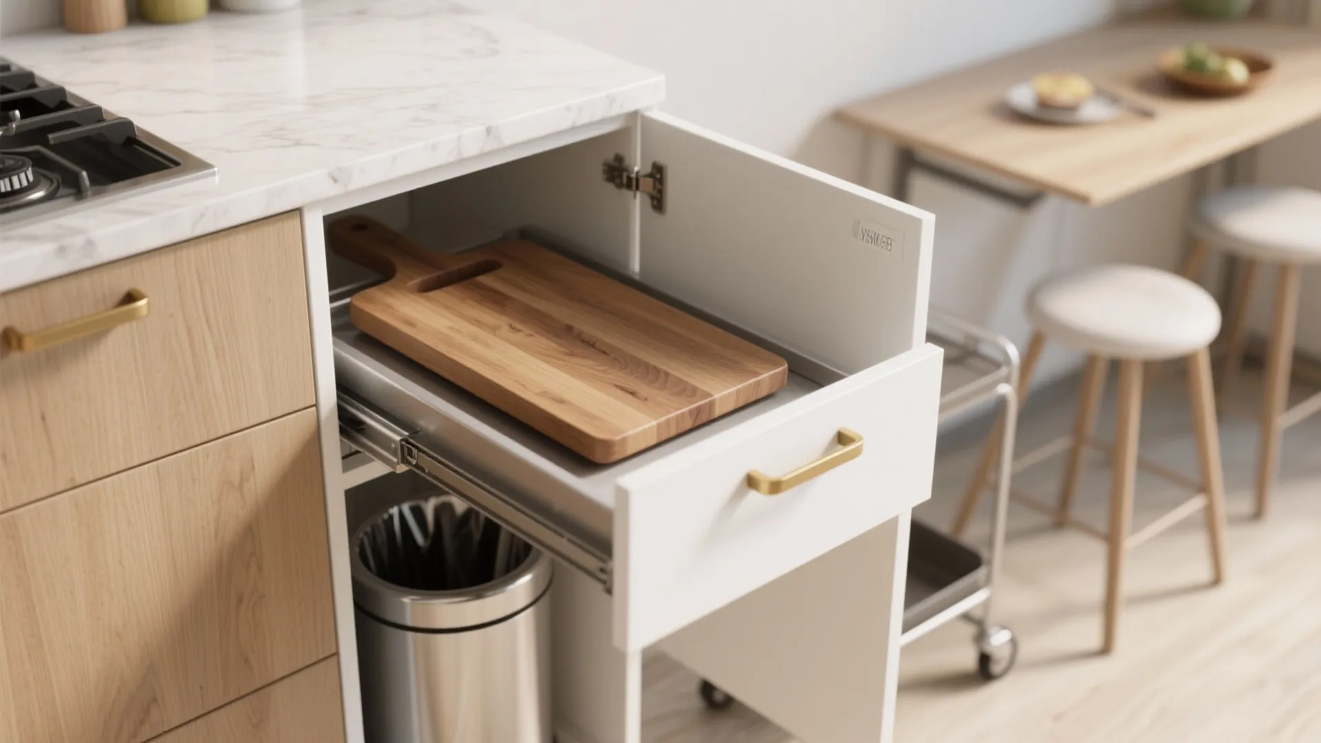 Modern kitchen cabinet drawer with wooden cutting board pull out tray and white marble counter top