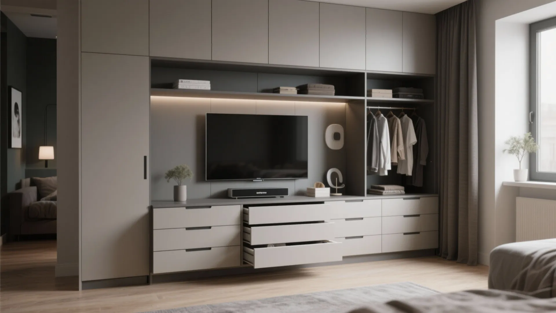 Modern grey cabinet unit with television integrated storage drawers hanging clothes and warm interior lighting effects