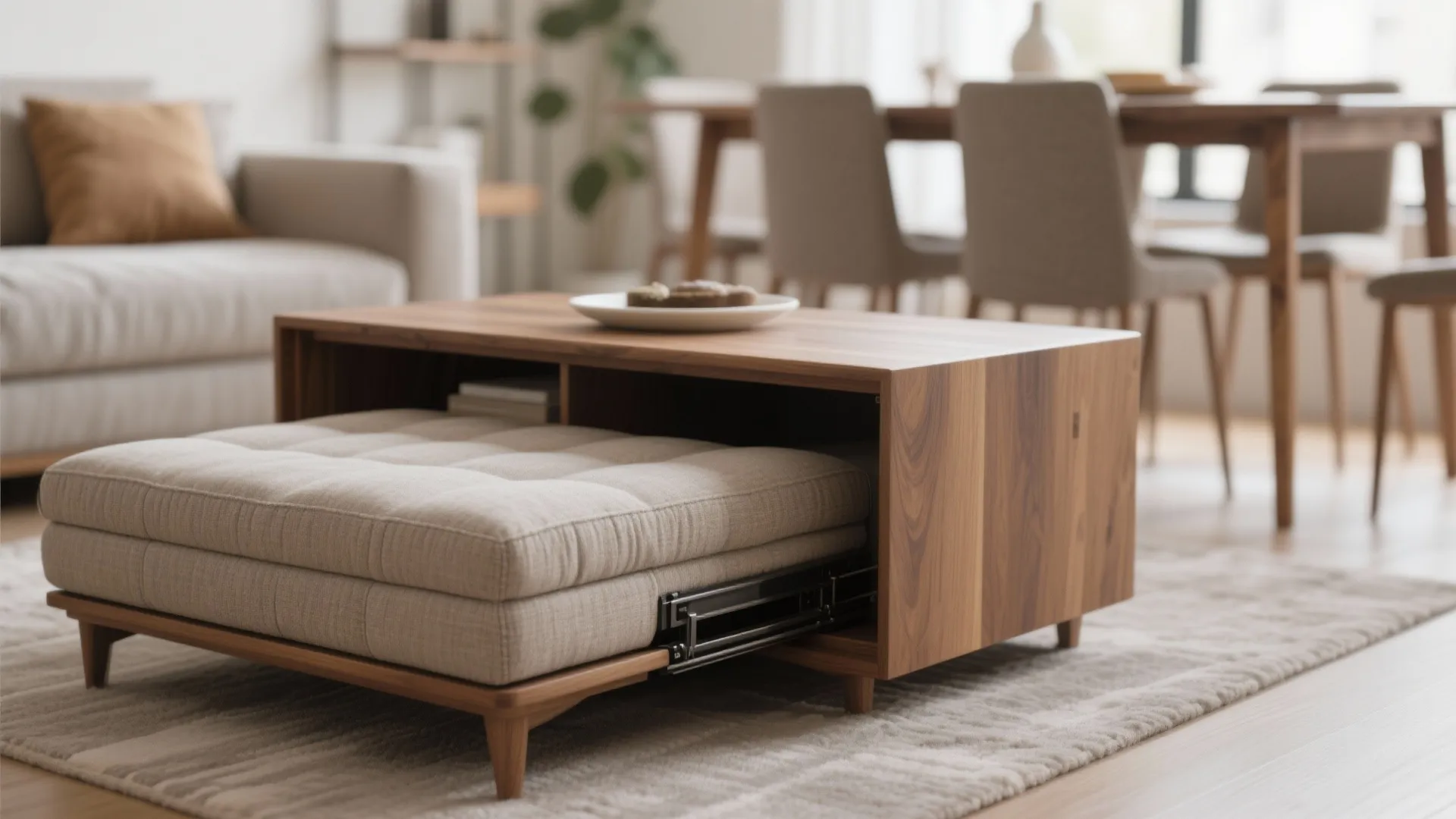 Multi functional wood coffee table with a pull out padded footrest in a bright room