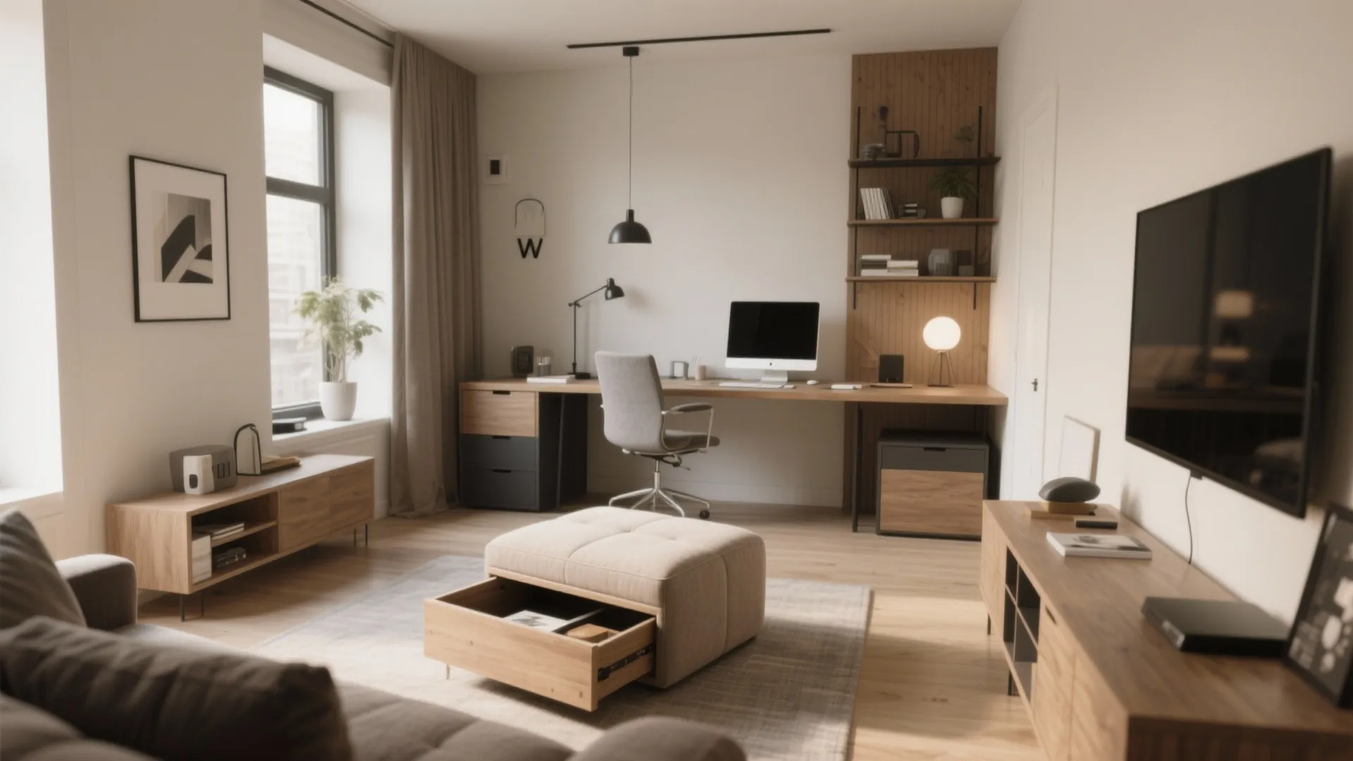 Small home office with multifunction furniture in neutral tones