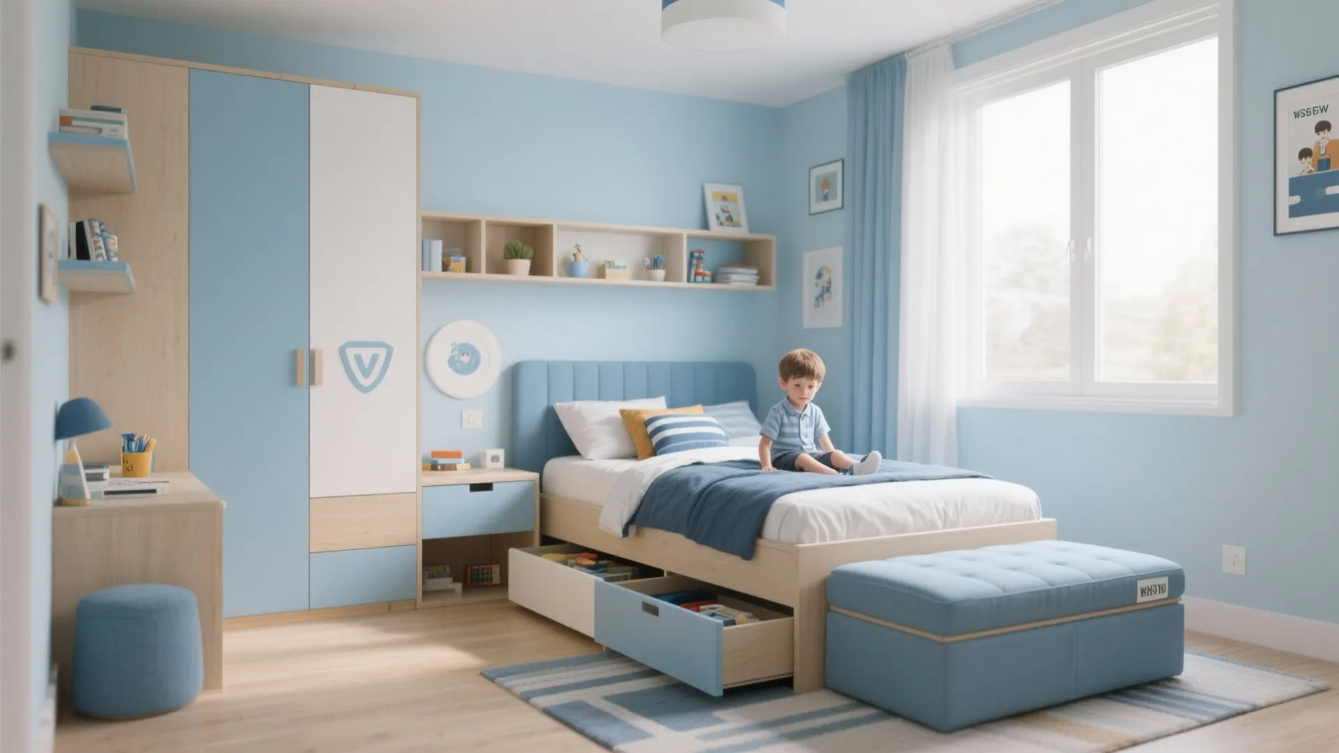 Boys’ bedroom with storage ottoman and bed with headboard shelves