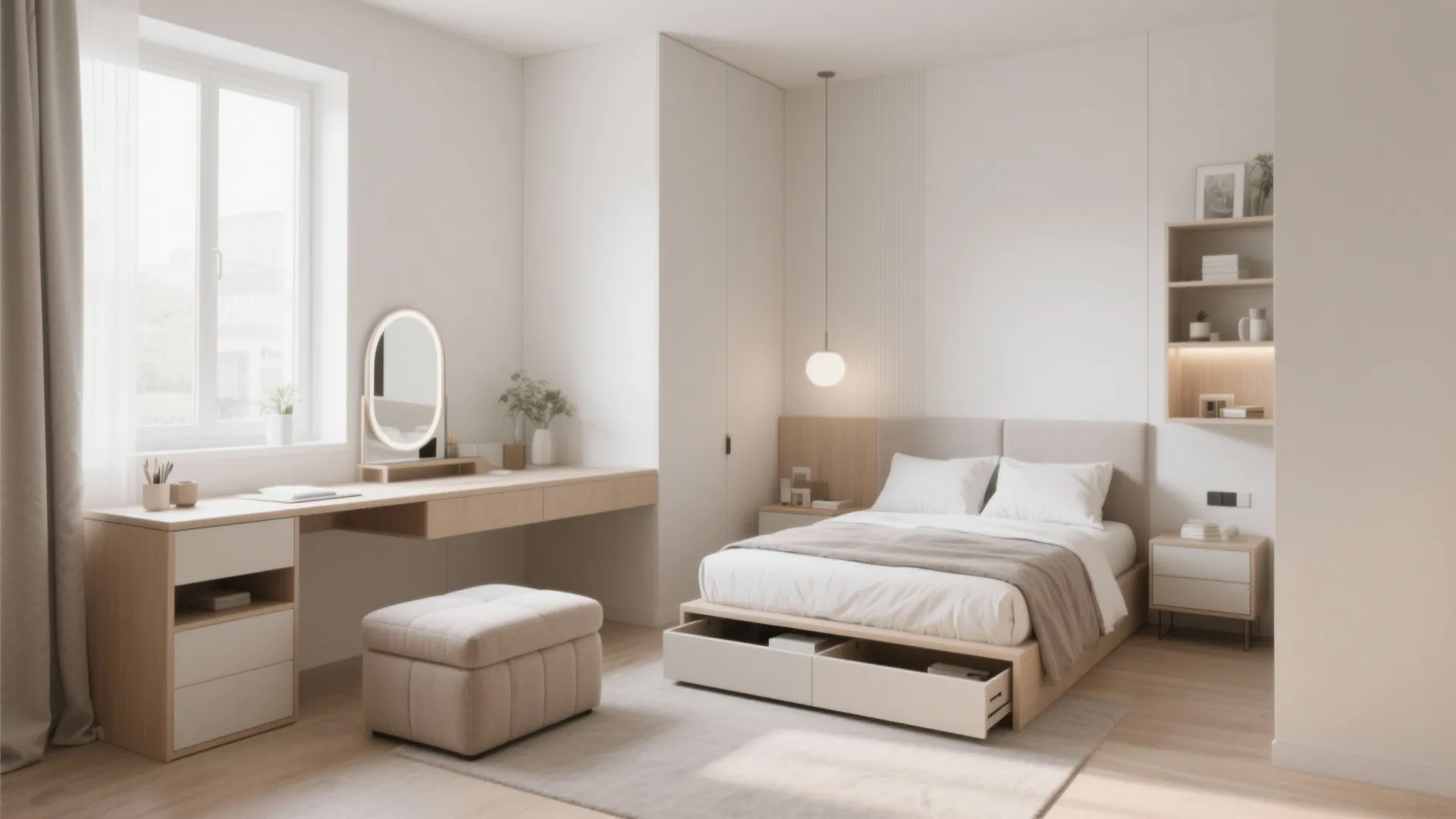 Modern bedroom with storage bed and wooden desk plus a small footrest under the window