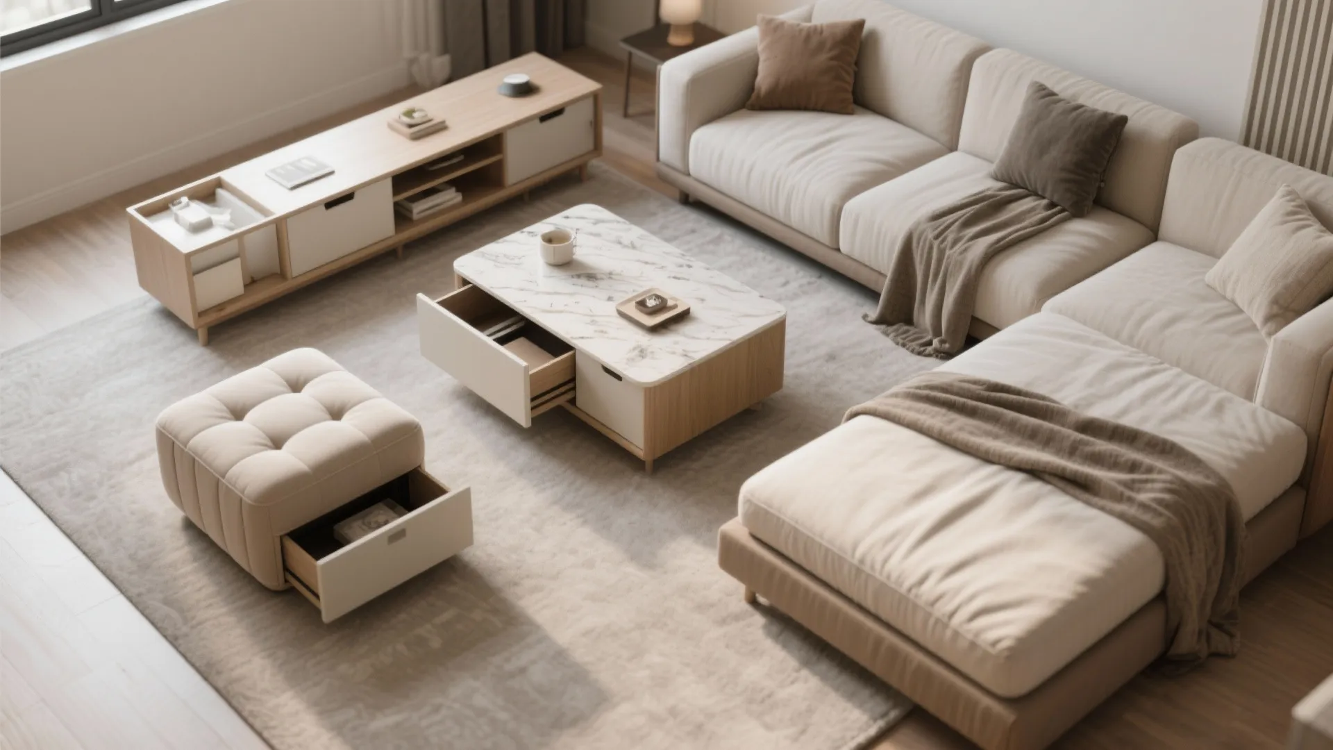 Functional living room furniture including a sofa and coffee table with hidden storage drawers shown open