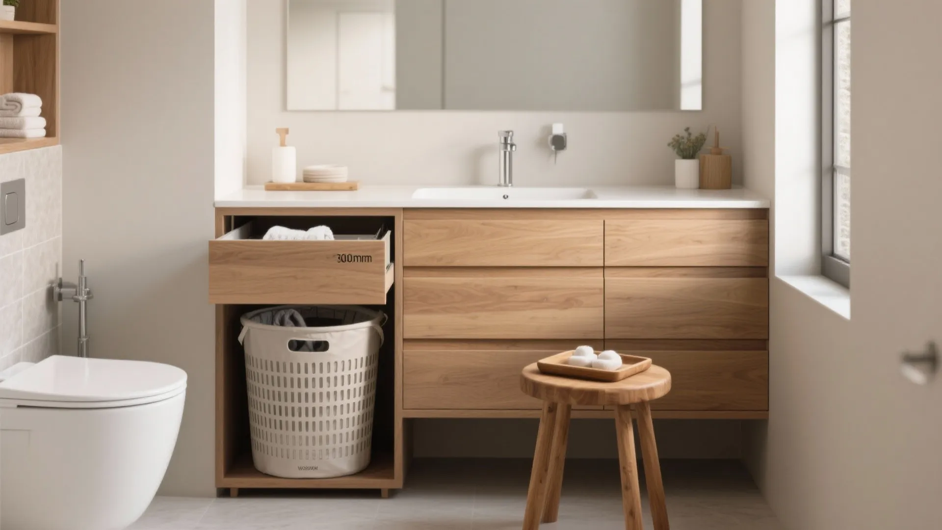 Compact double-duty pieces: laundry hampers, stools, and benches