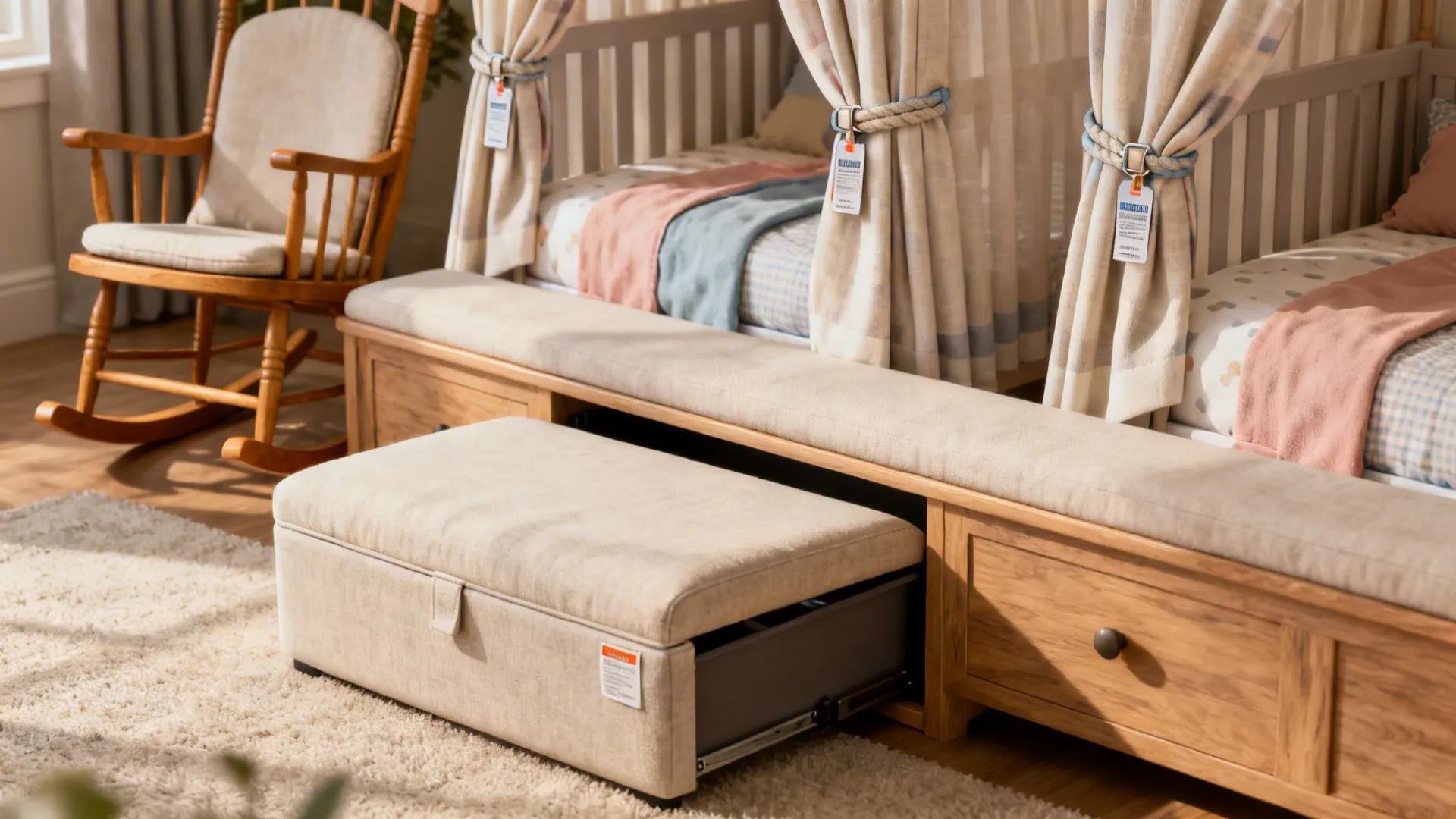 Double-duty furniture like storage ottoman and tuck-away rocker with twin bedding details