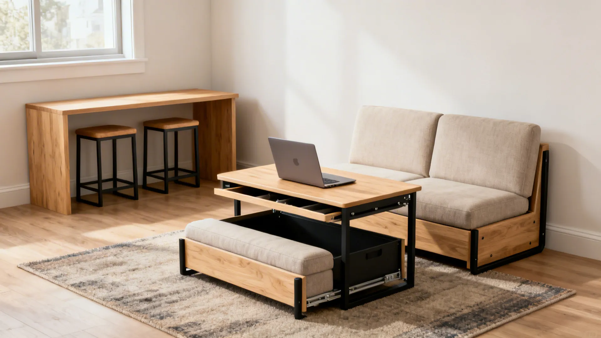 Compact living room with lift-top table, storage ottoman, and stools under a slim console.