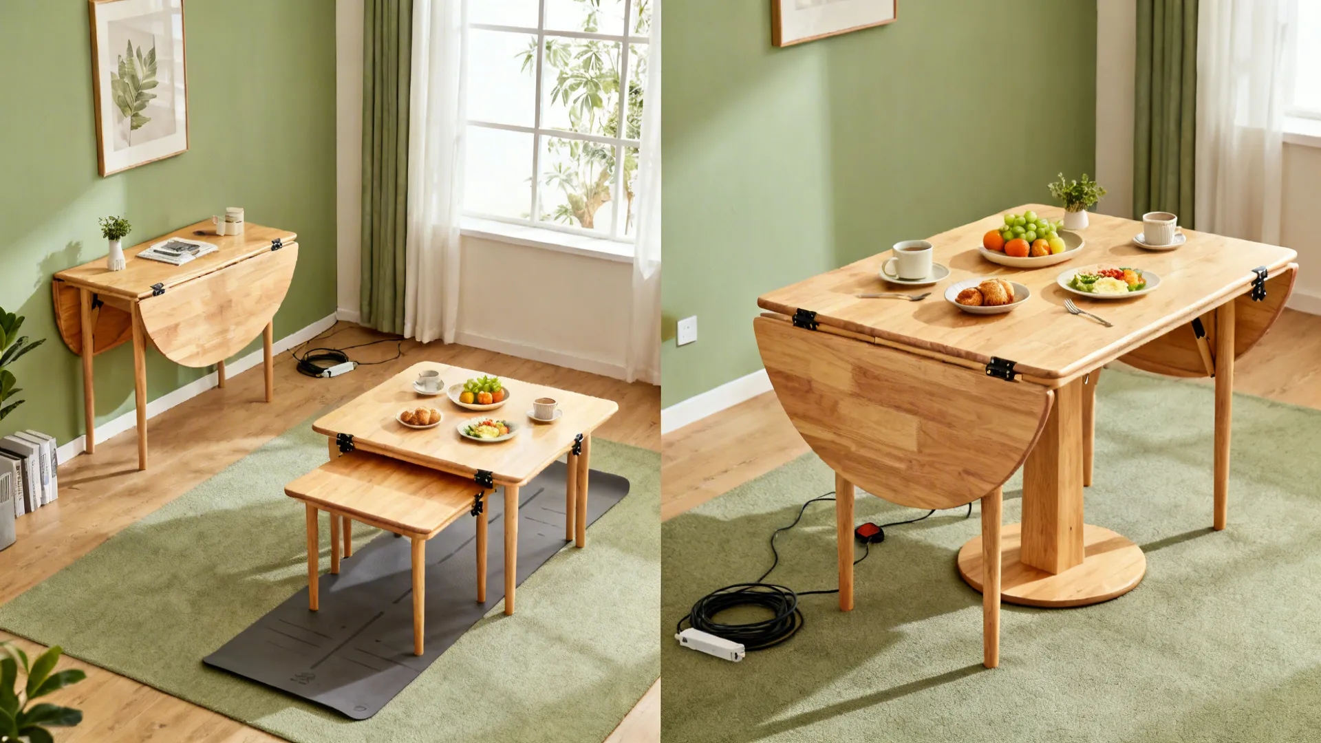 Before-and-after of a drop-leaf table and nesting tables shifting a small room from weekday to brunch mode.