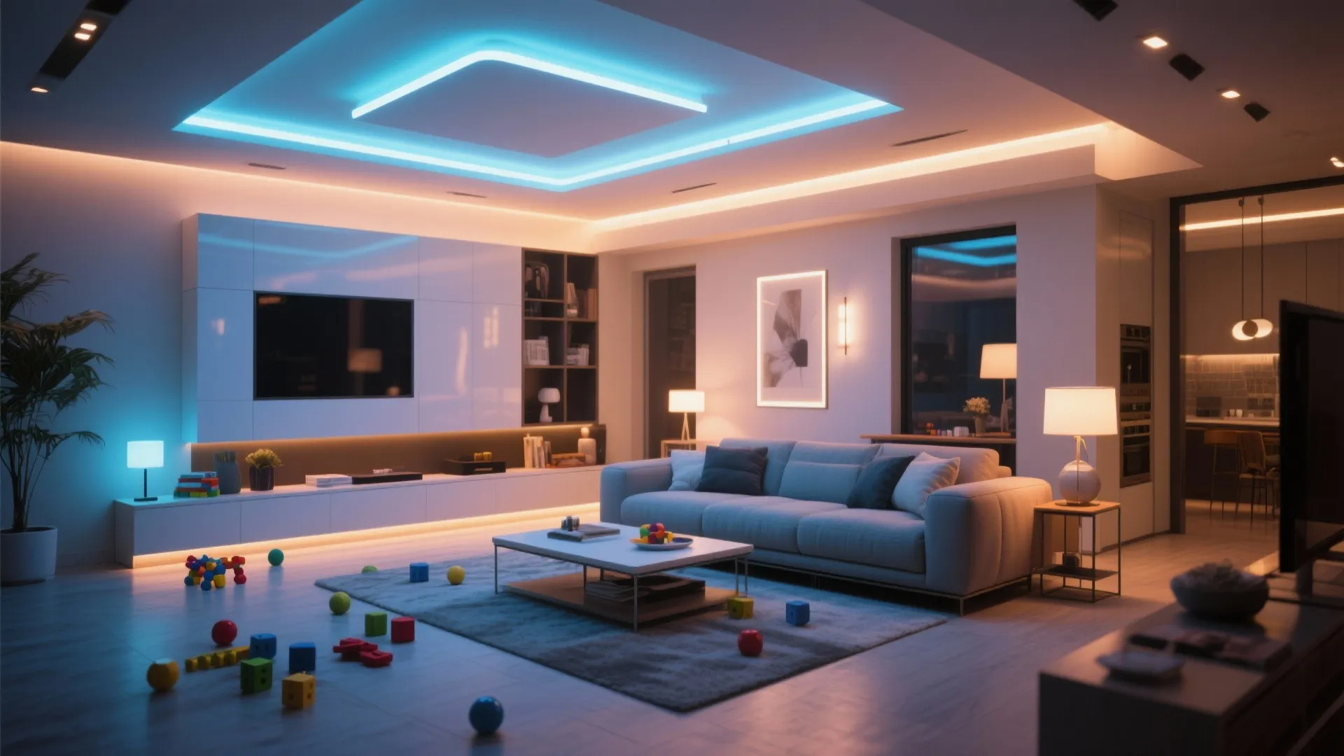 Layered living room lighting for play and relaxation