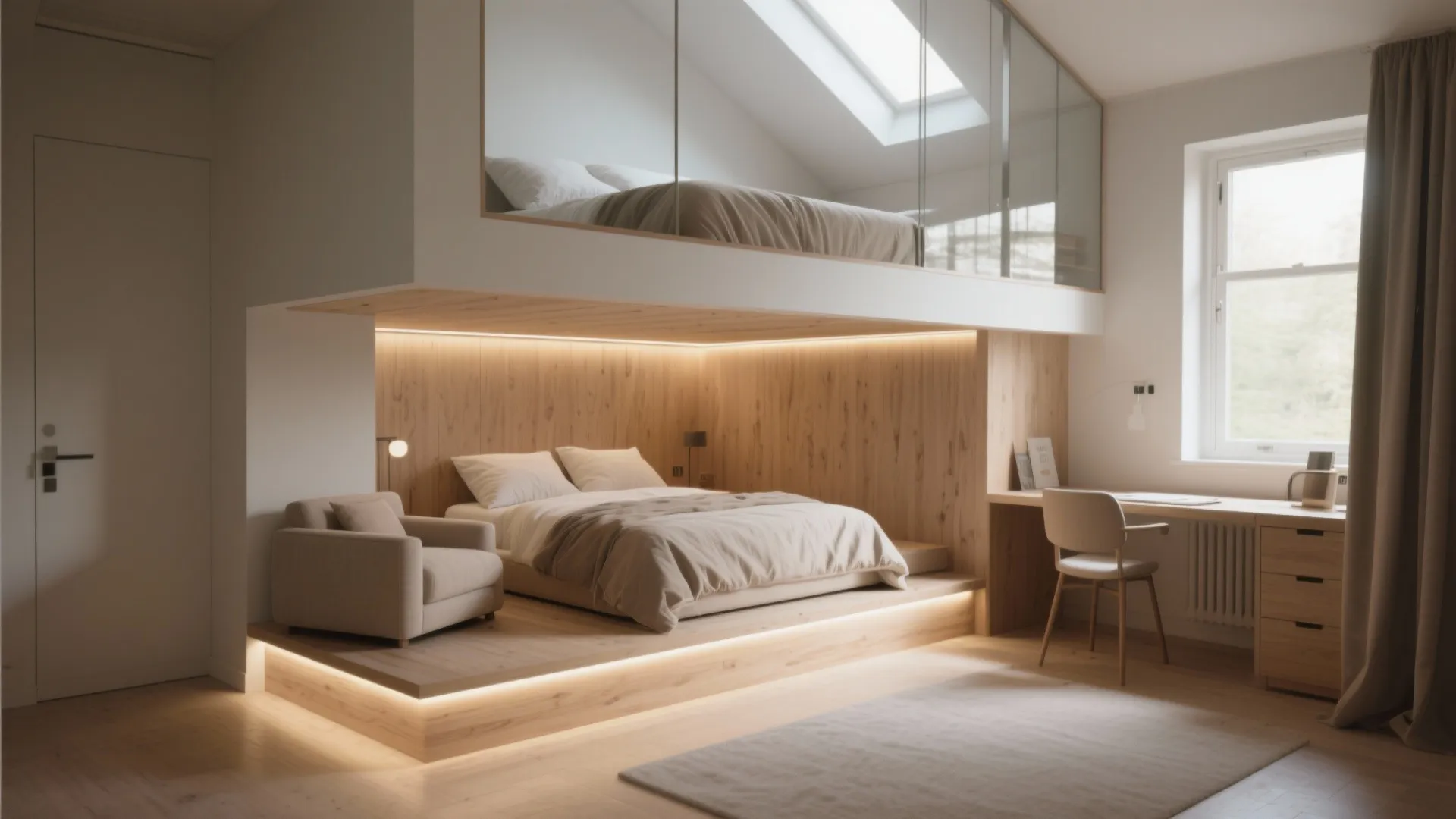 1. Double-duty loft: bed above, living or work nook below