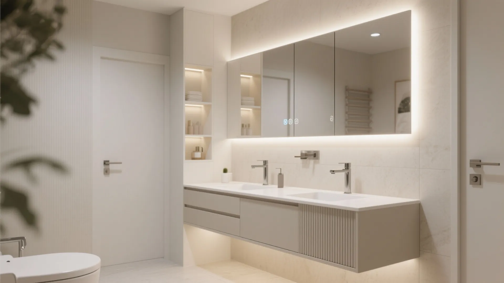 Modern bathroom with a large lighted mirror cabinet above a double sink and grey cabinet