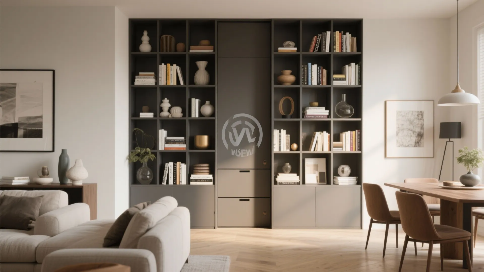 Grey wall cabinet with many shelves holding books and vases next to white sofa and table
