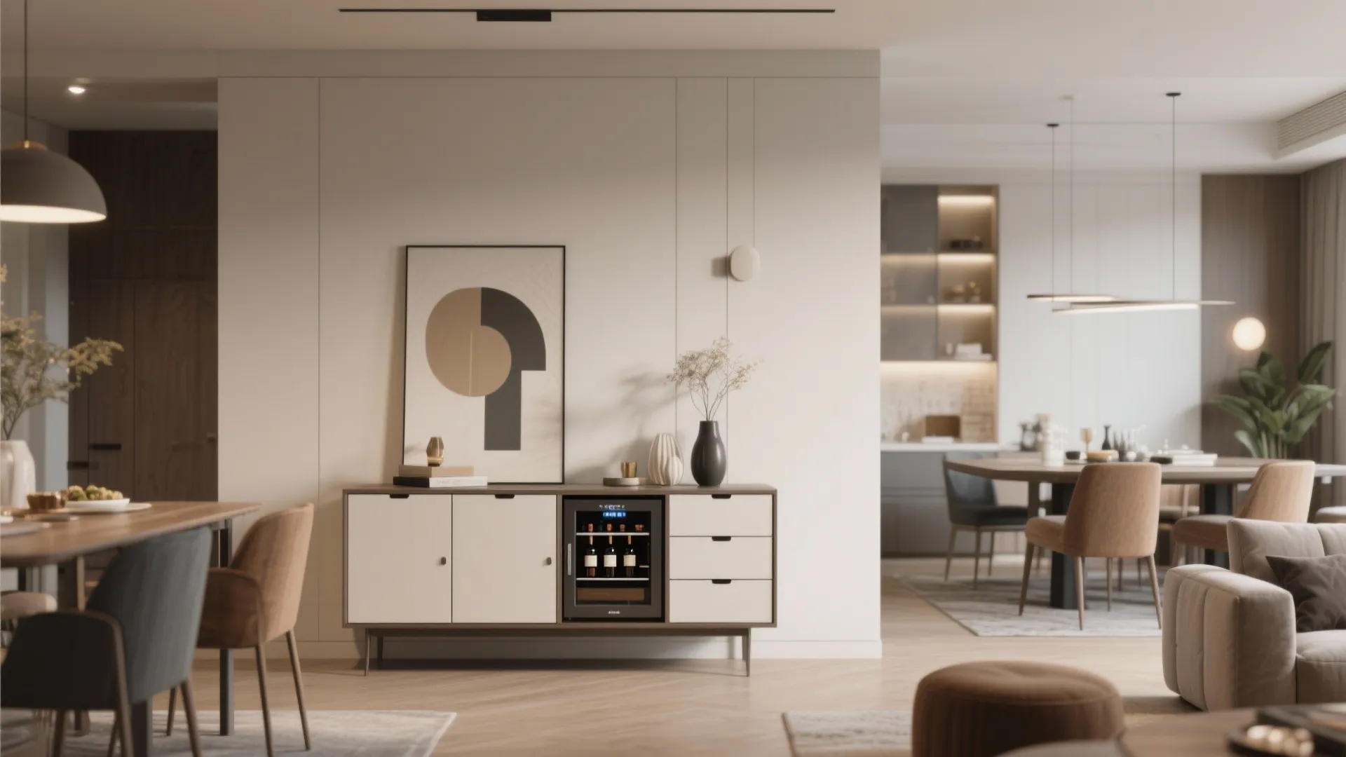Modern white cabinet with built in wine cooler placed against a wall in dining room