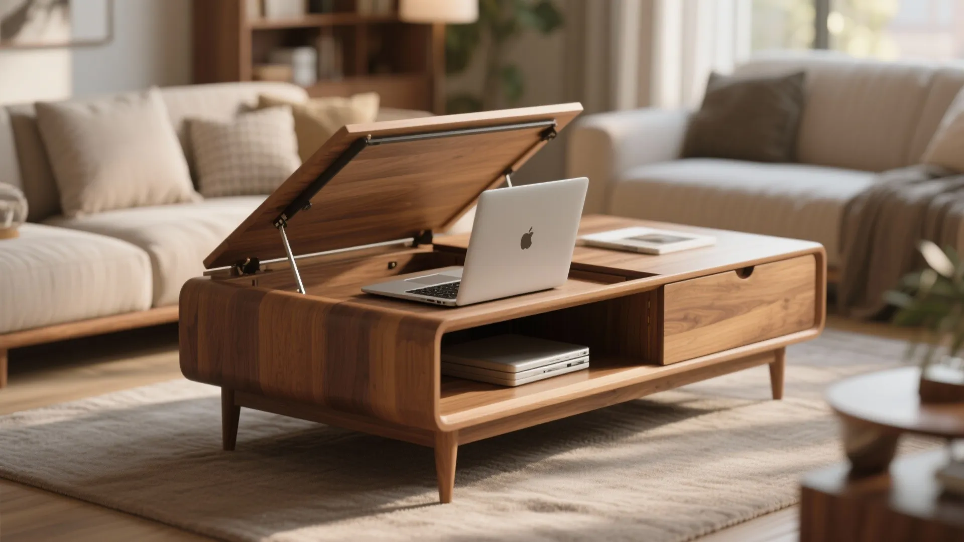 Lift-top coffee table showing hidden storage with laptop