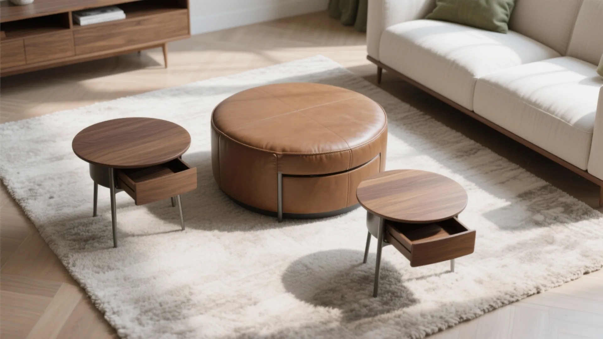 Round leather footrest placed between two small wooden side tables with drawers on white rug