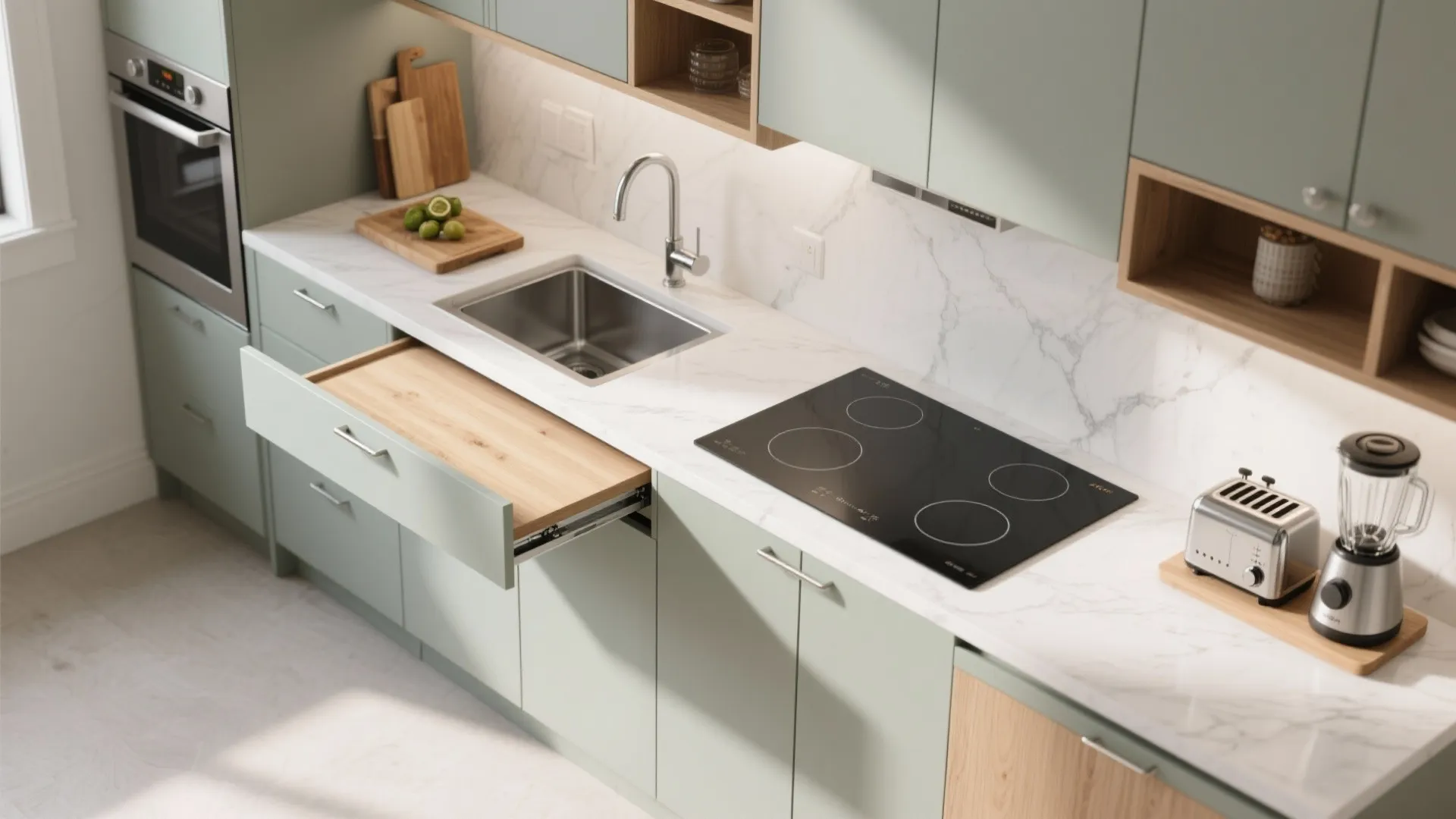 Top-down of compact counters with a slide-out board, fold-down end ledge, cooktop cover, and an appliance garage.