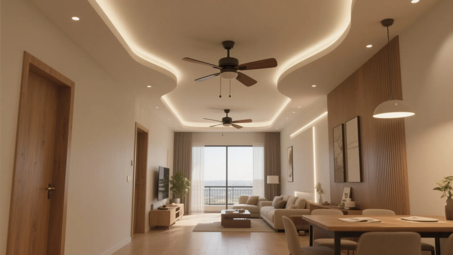 Modern living room with two ceiling fans, wavy cove lighting, wood wall panels and dining table