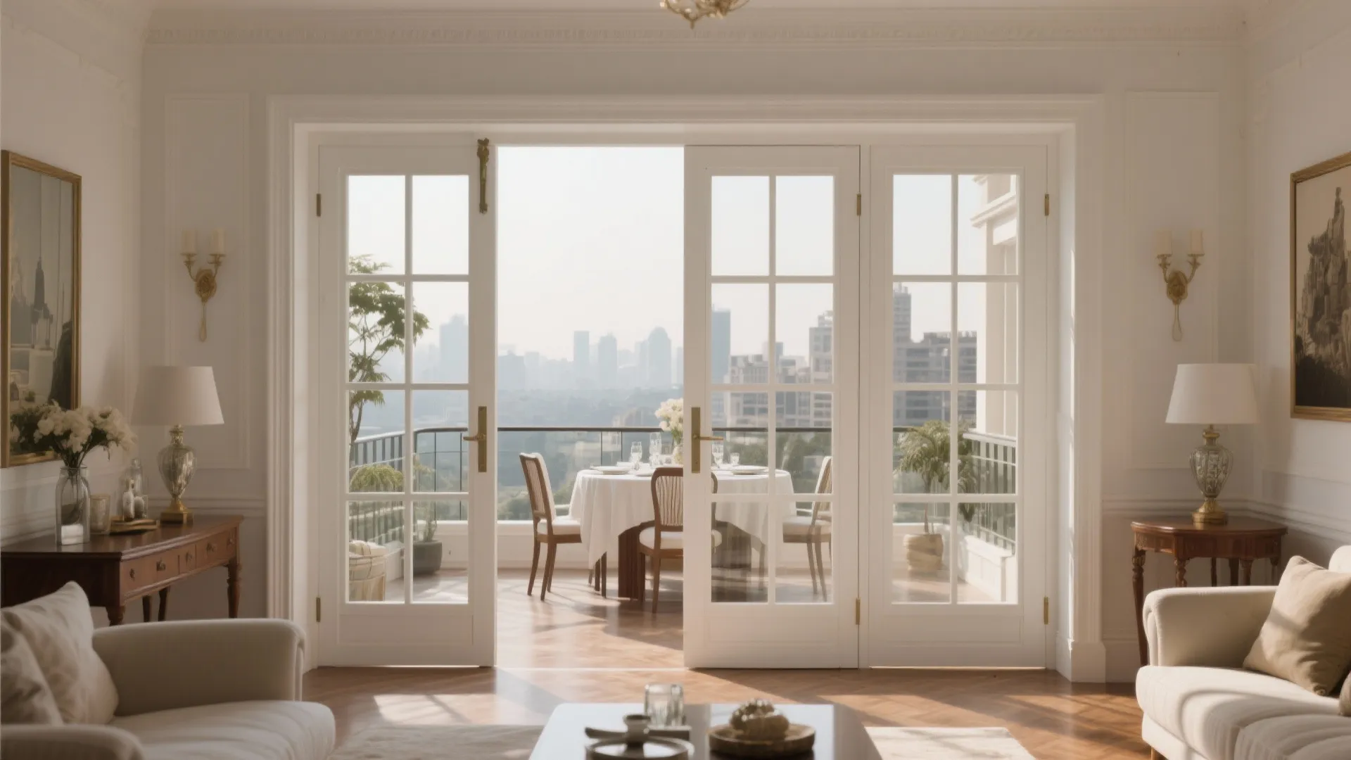 Elegant white double glass doors opening to a balcony with dining table and city view