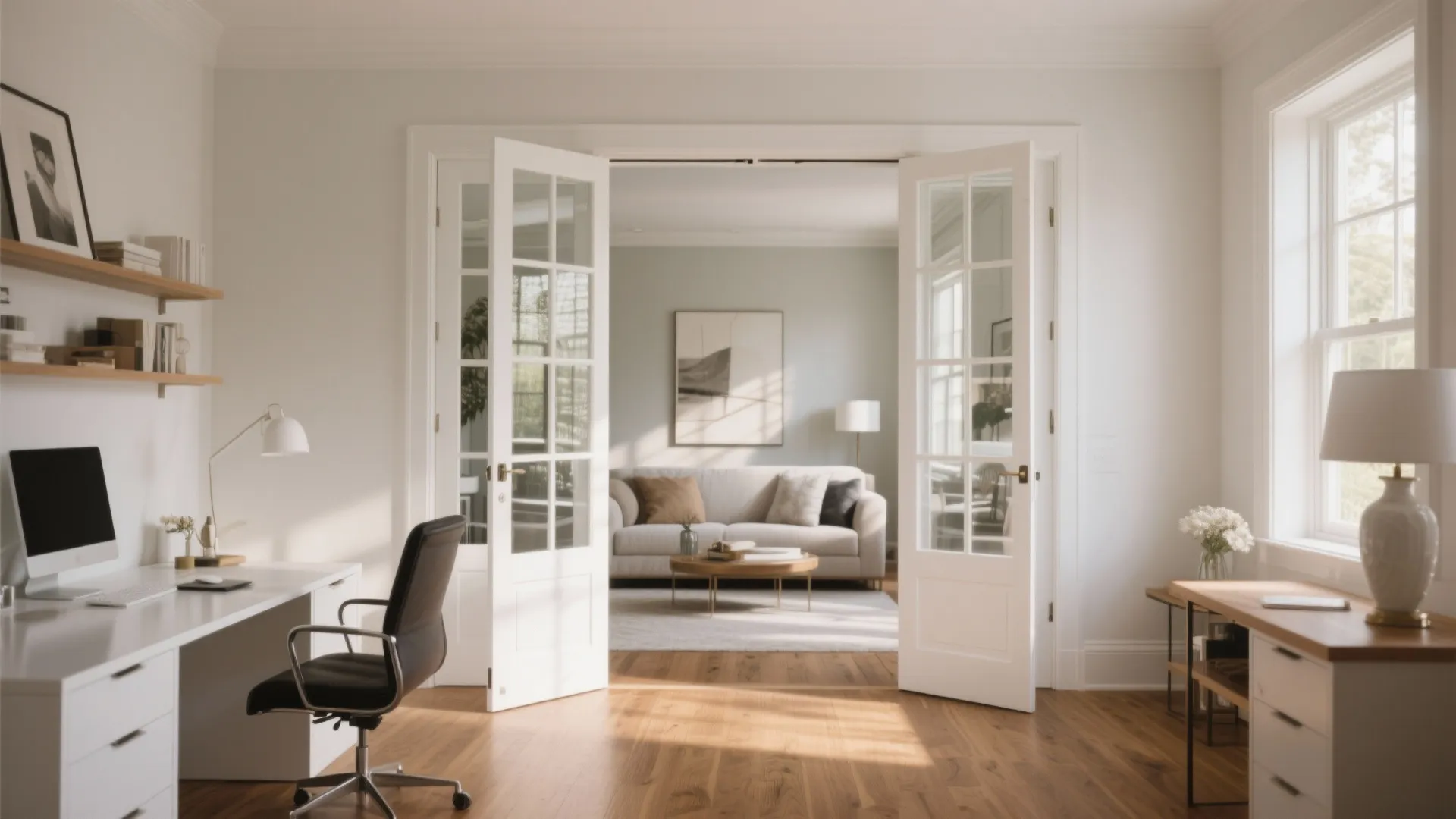 Bright home office with white desks and double glass doors opening into a cozy living room
