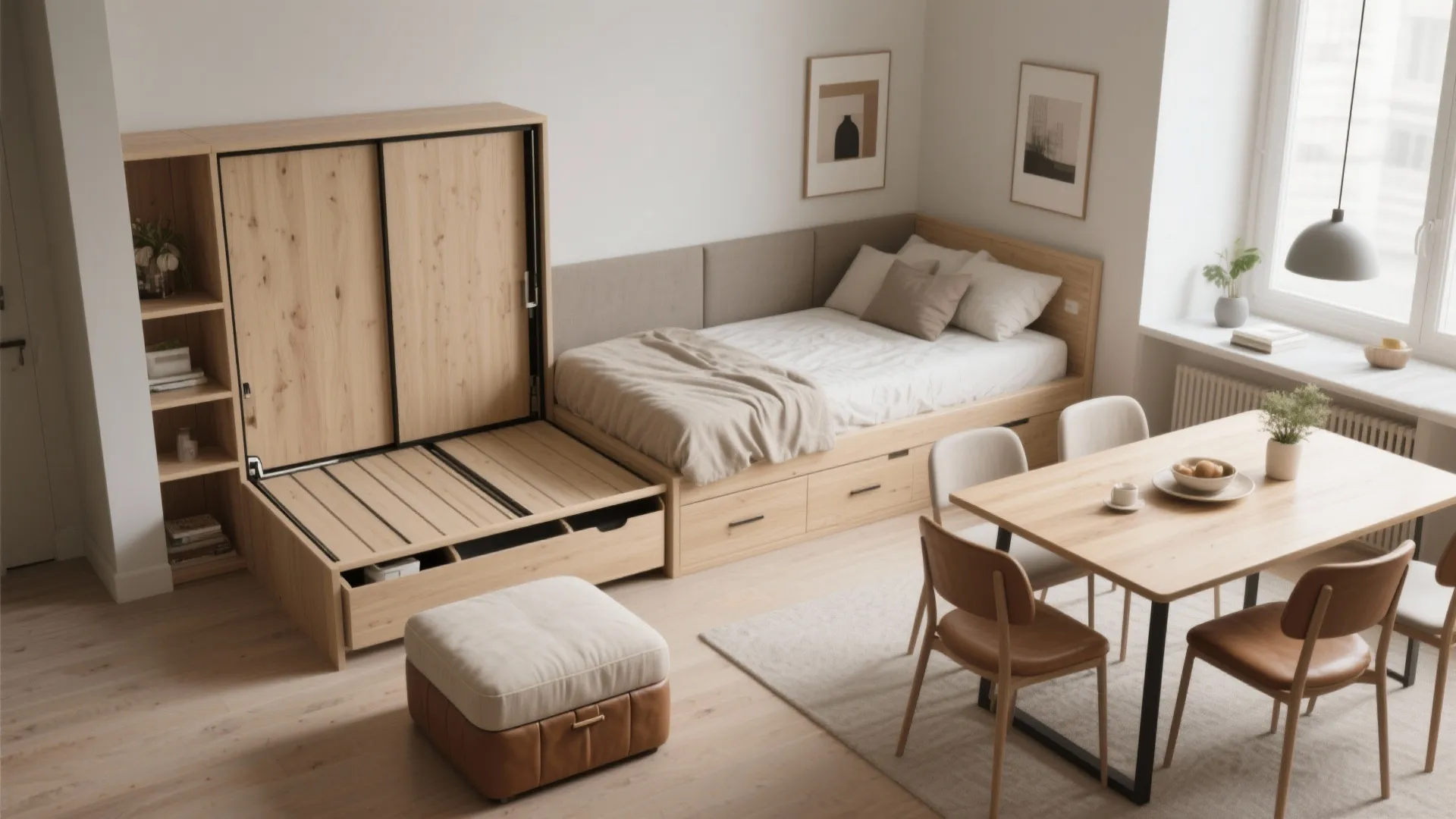 Modern studio apartment with wooden bed including storage drawers and a small dining table set