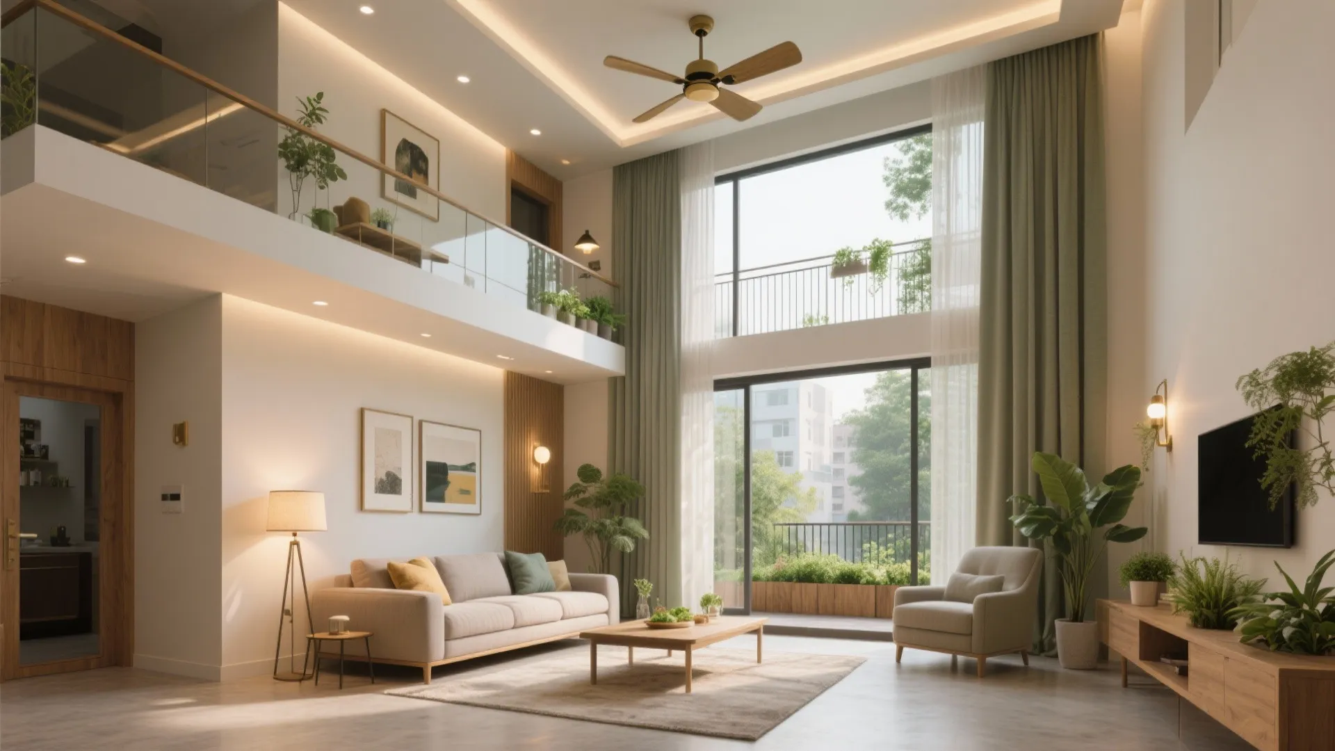 Daylight, double height, and a gentle balcony garden