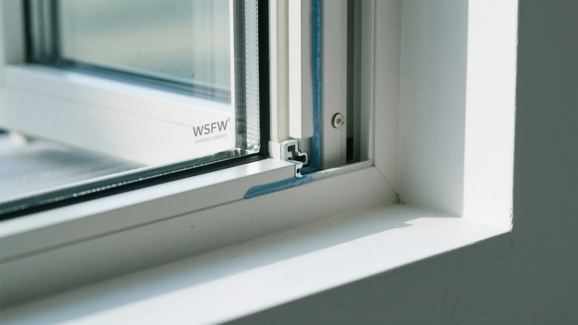 Close up of a white window frame showing double glass panels and weather stripping for insulation