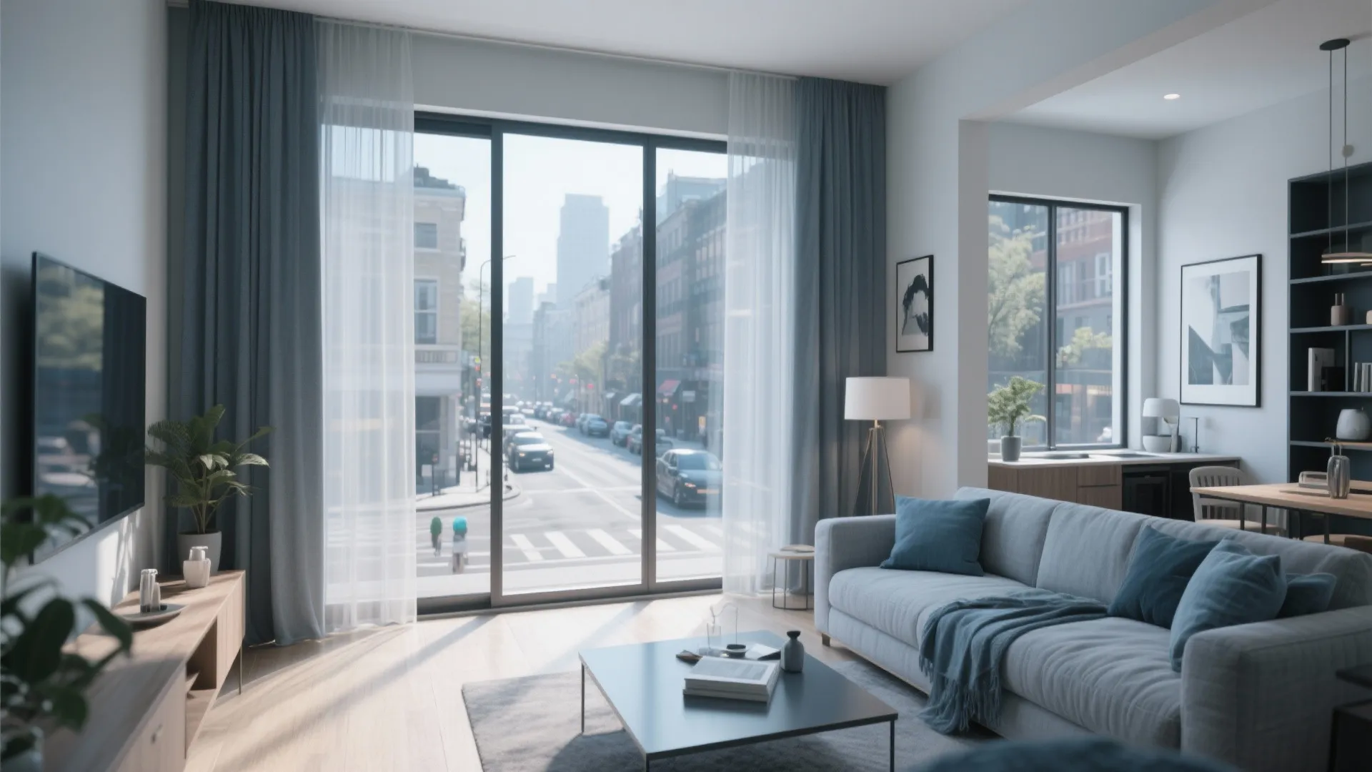 Contemporary living room with large glass windows overlooking a city street and a blue sofa