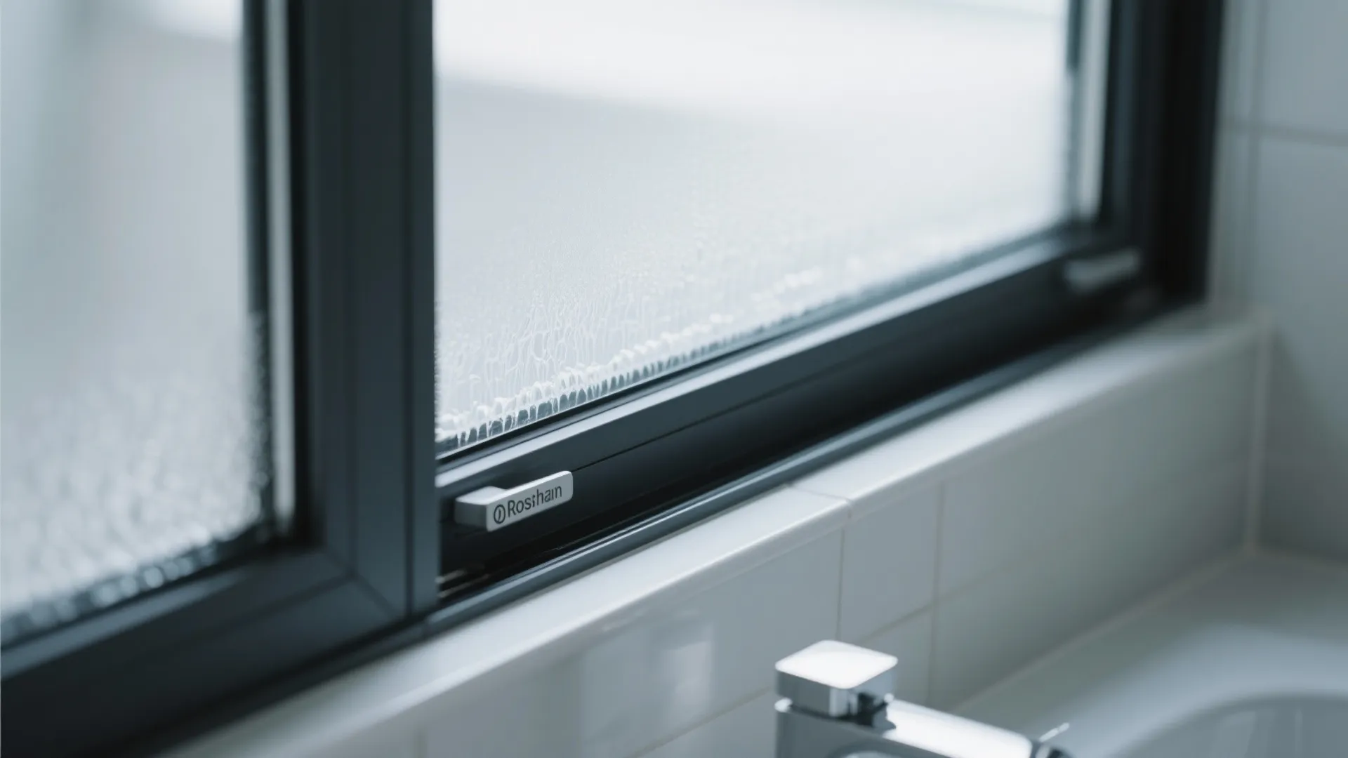 Detail of black window frame with glass installed in white tiled bathroom wall near tap