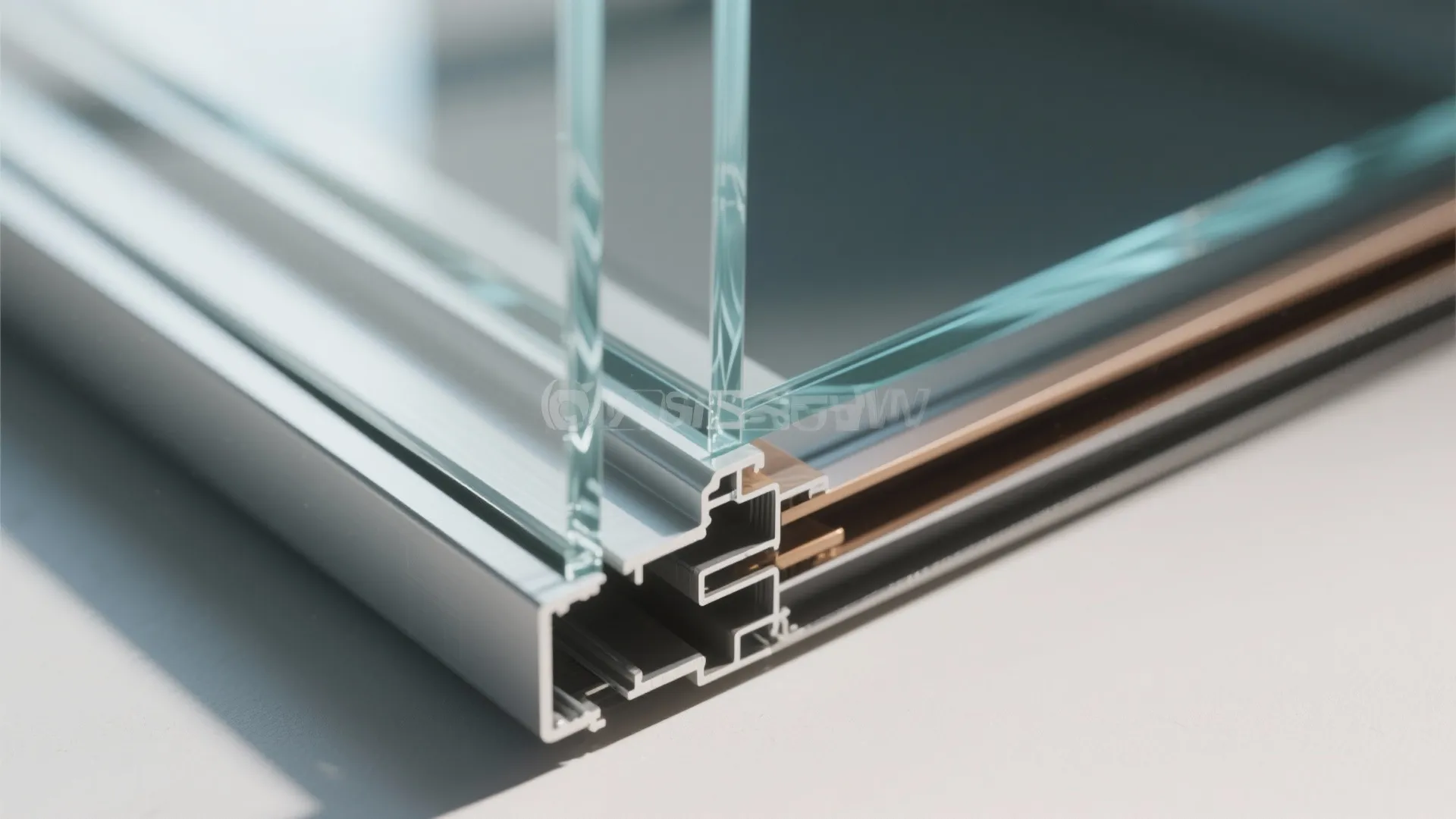 Close up of double pane glass window frame showing silver metal profile for modern home