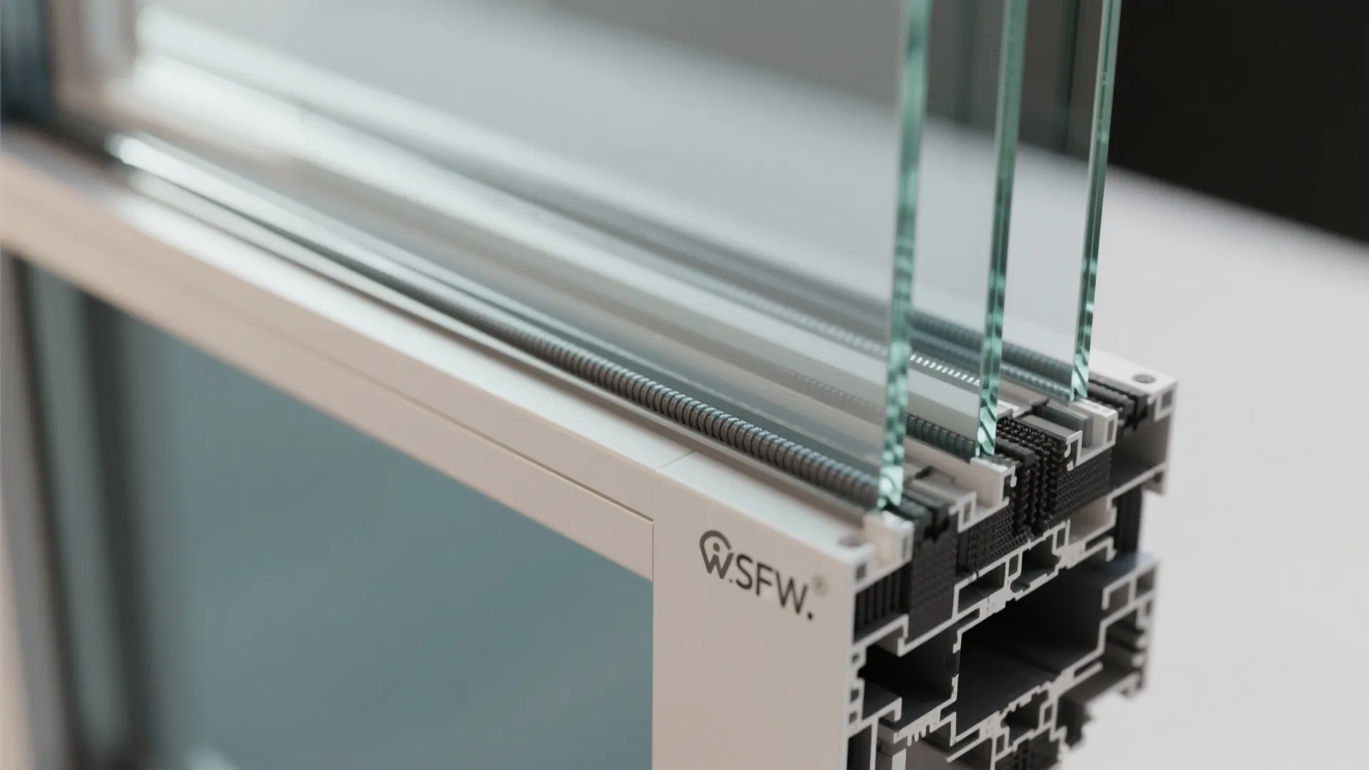 Detailed close up of a window frame showing three layers of glass for energy efficient insulation