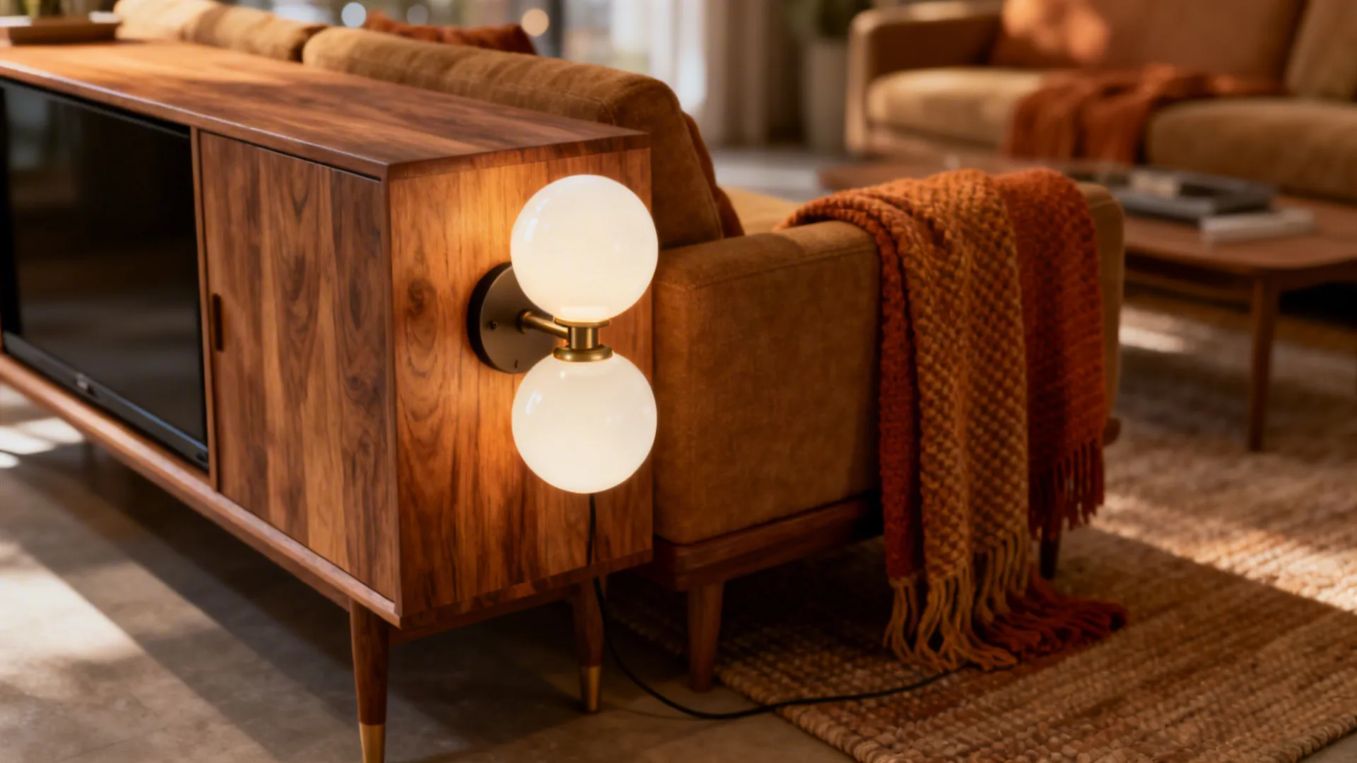 Mid-century double-globe sconce casting warm ambient light next to a wooden media unit and textured fabrics.