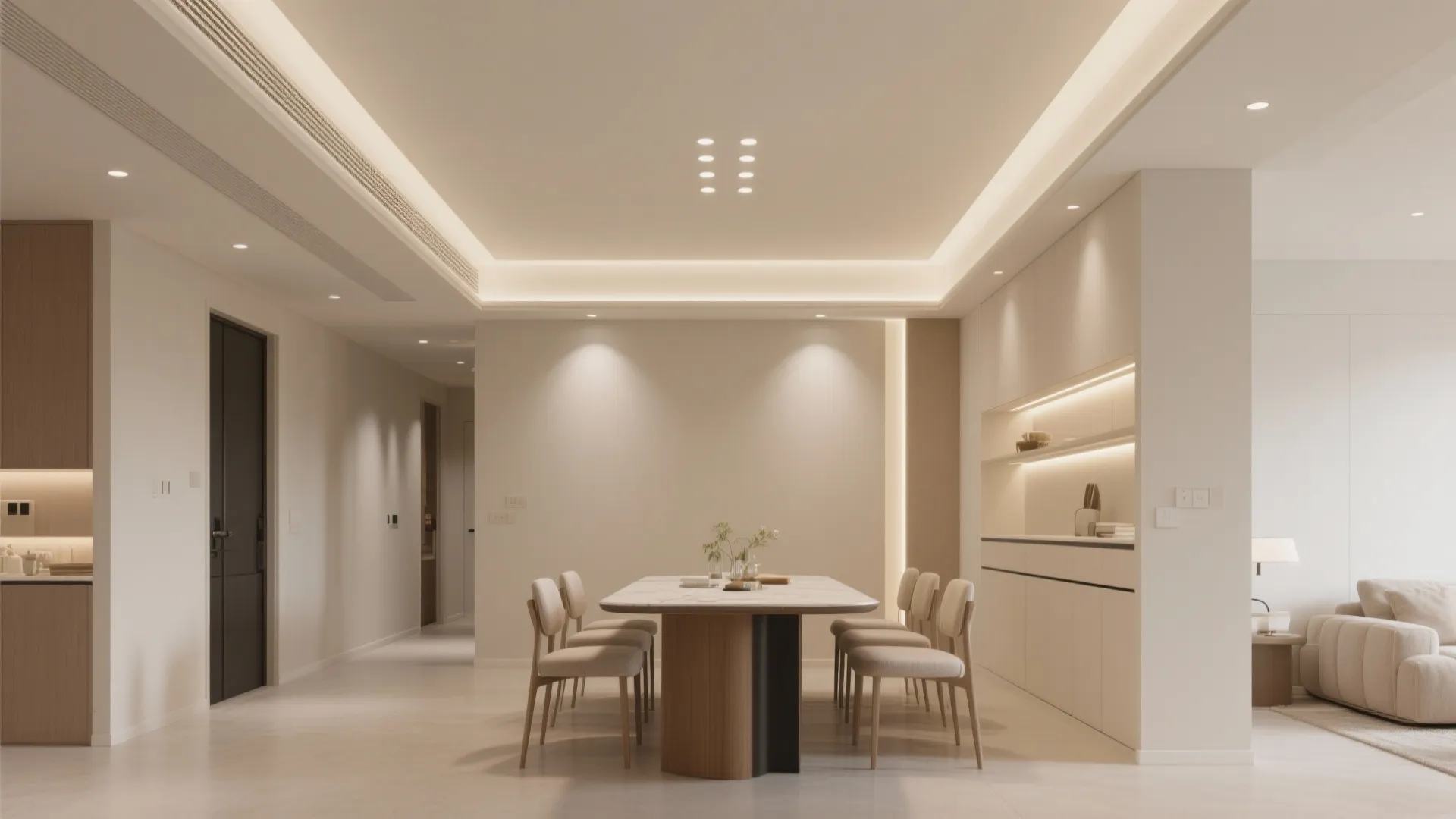 Modern minimalist dining room featuring a long table with chairs and warm recessed ceiling lights