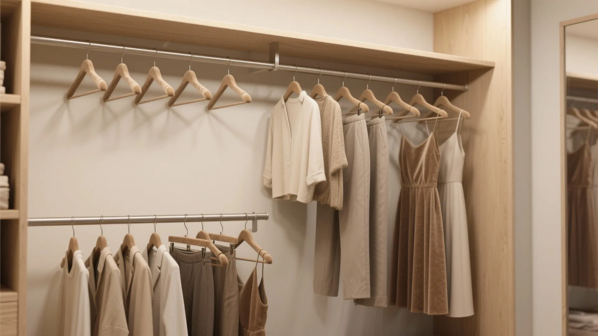 Neutral colored clothes hanging on wooden hangers and metal rails inside a modern wooden walk-in closet
