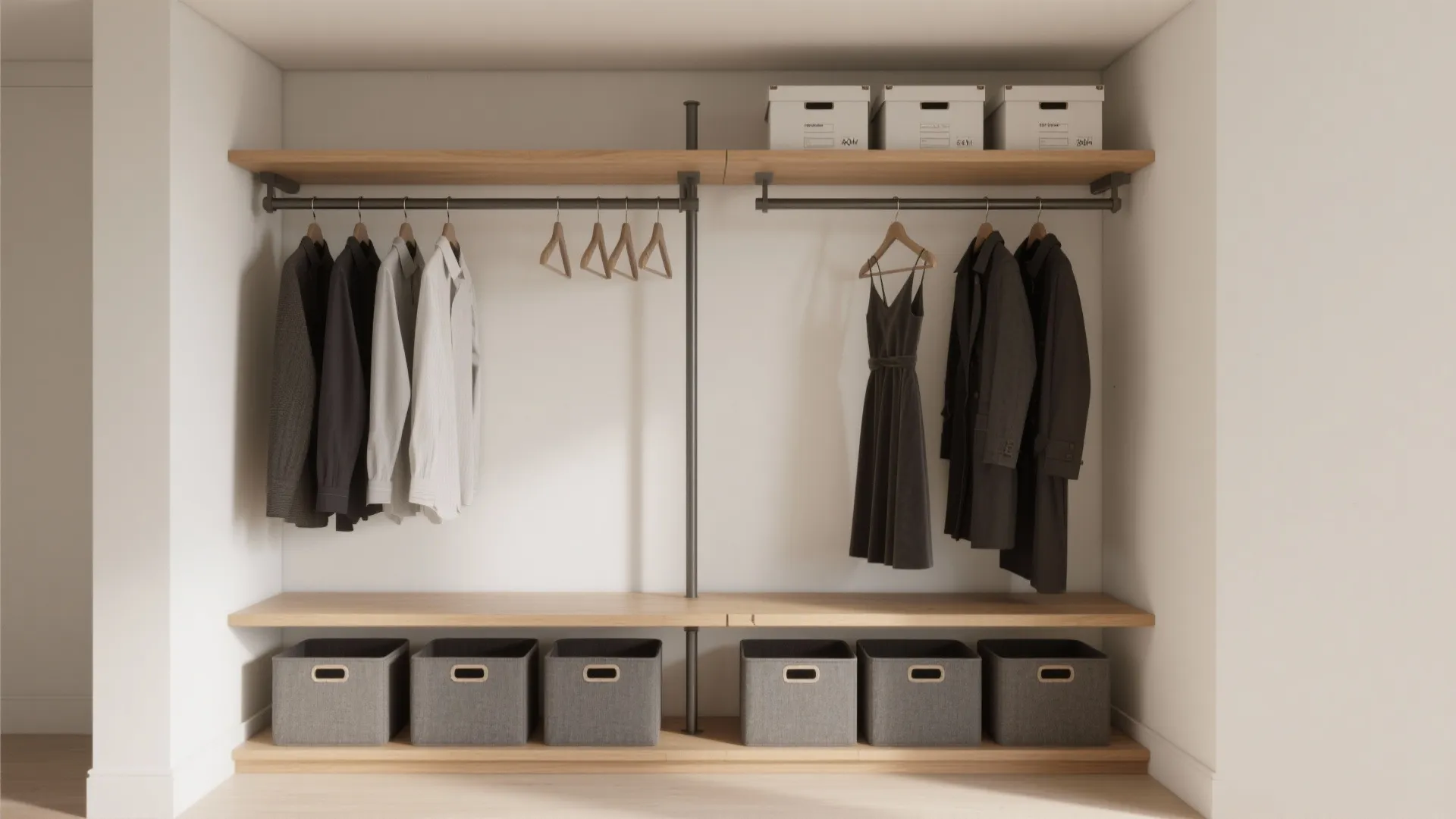 Walk in closet with wood shelves hanging clothes gray storage boxes and minimalist room layout