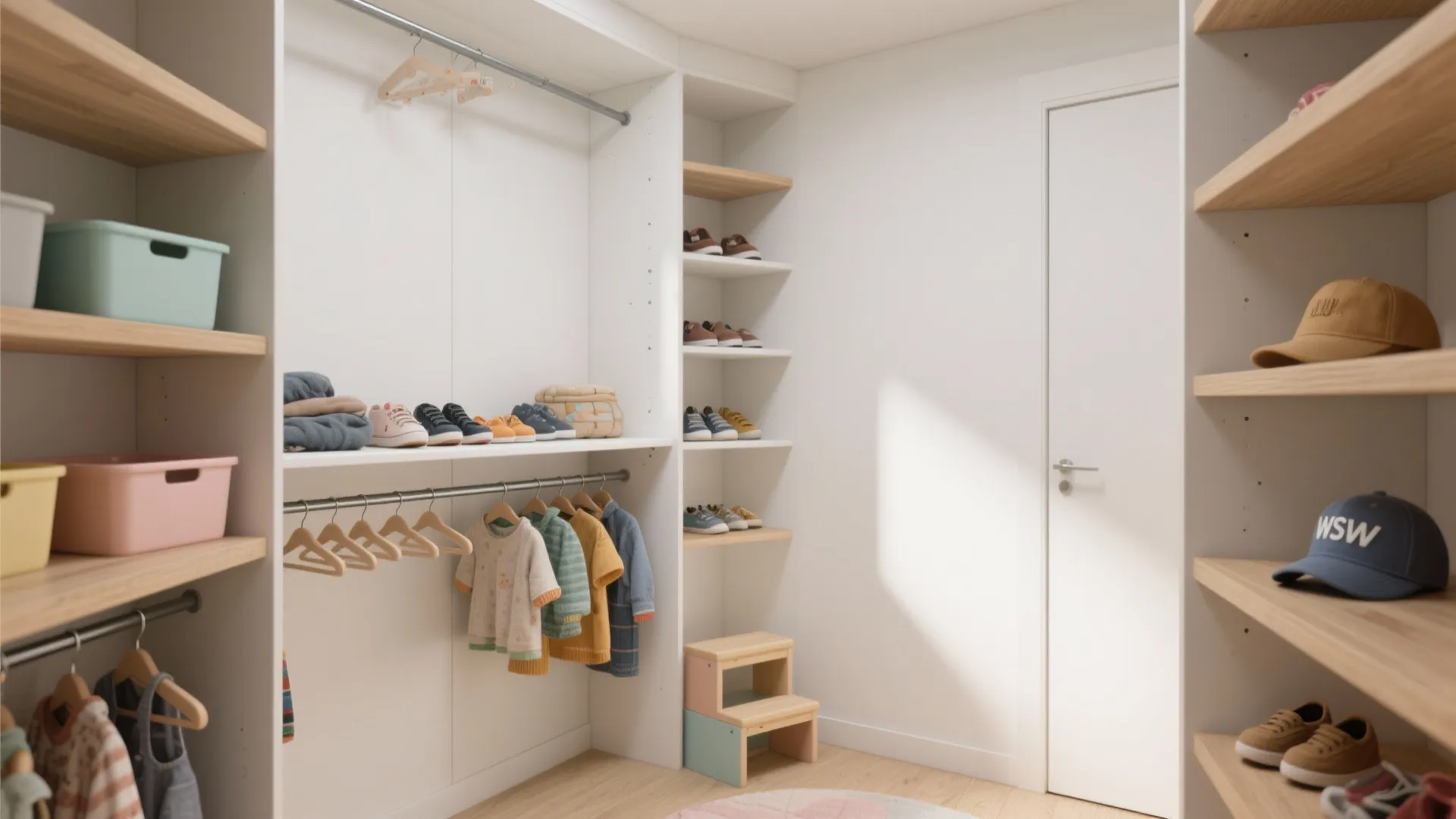 Kids walk-in closet with white shelves, hanging clothes, shoes, hats, and a small wooden stool