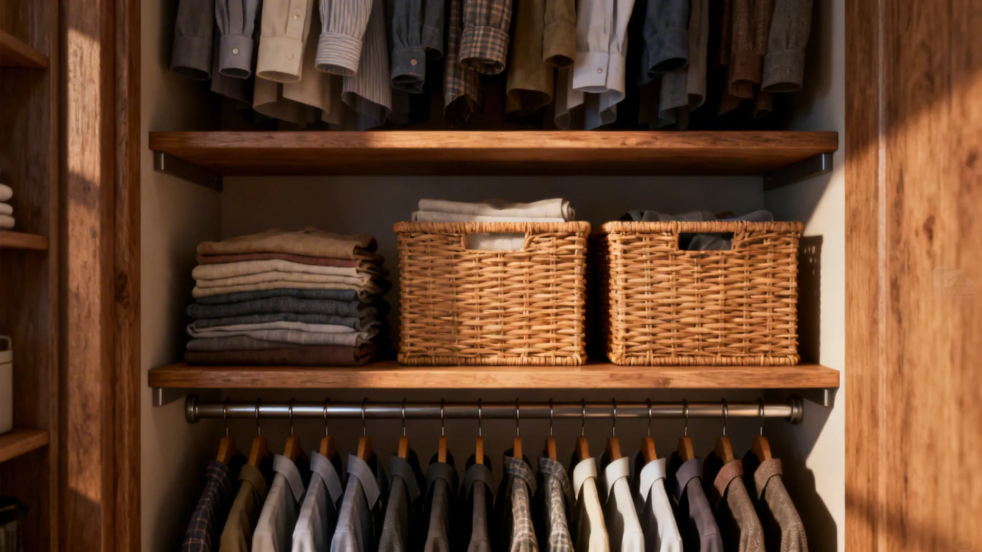 Slim middle shelf between double hanging rods with wicker baskets and folded items