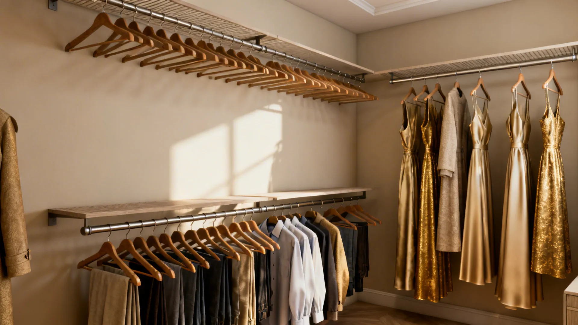 Walk in closet with double hanging rods for shirts and long gold dresses on hangers